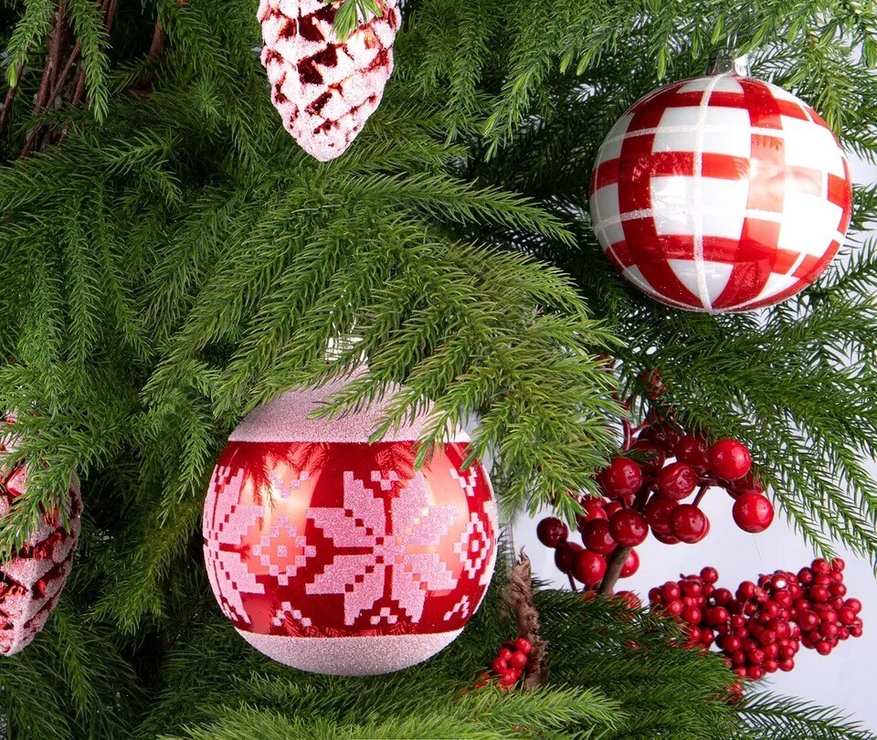 SET OF 2 Checked Czech Glass Christmas Ball Ornaments Baubles 3.15&#x22; Red/White