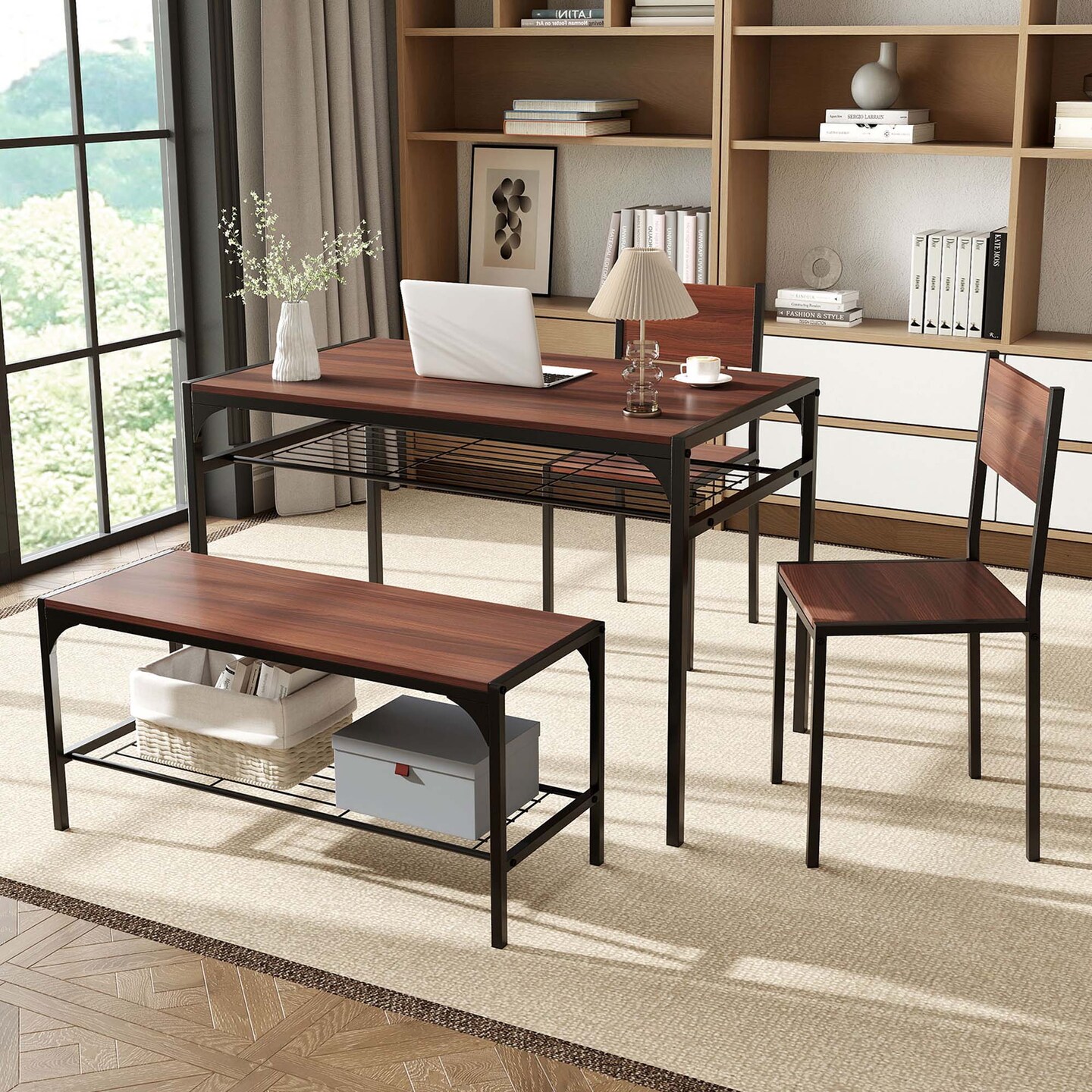 Costway Dining Table Set for 4 Rectangular Table with 2 Chairs, 1 Bench, Storage Racks Rustic Brown/Gray/Brown