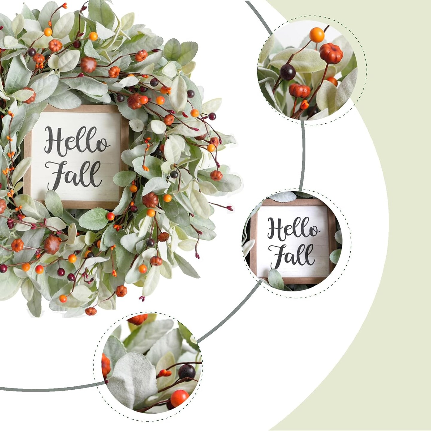 20&#x27;&#x27; Artificial Lamb&#x2019;s Leaves Wreath with Mini Pumpkin and Berries, Green Autumn Wreaths(Pumpkin Berry)14&#x22;D x 13&#x22;W x 3&#x22;H