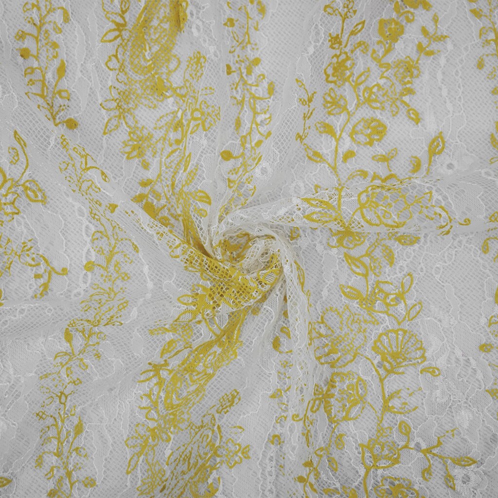 Yellow-White Nylon Floral Vine Printed Lace Mesh Knit Fabric By the Yard