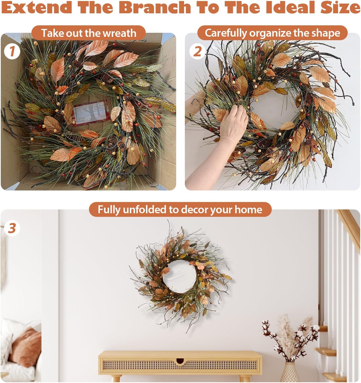 26 Inch Fall Wreath for Front Door Pip Berry Pinecone Autumn Wreath with Pine Needle(Pinecone Wih Dark Leaf)24&#x22;D x 24&#x22;W x 4&#x22;H