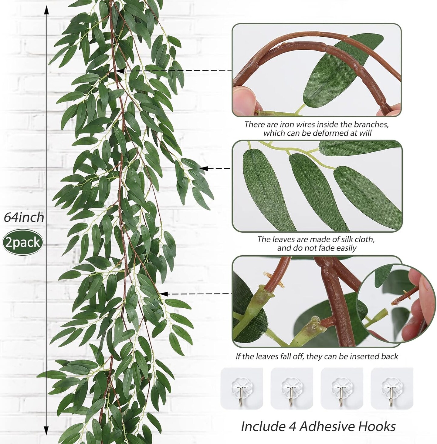 Artificial Willow Leaves Vine Twigs 2Pcs 5.7Ft Fake Hanging Ivy Plants Silk Green Leaf Rattan Garland Greenery Decor for Indoor Outdoor Home Wedding Arch Jungle Beach Birthday Party Garden