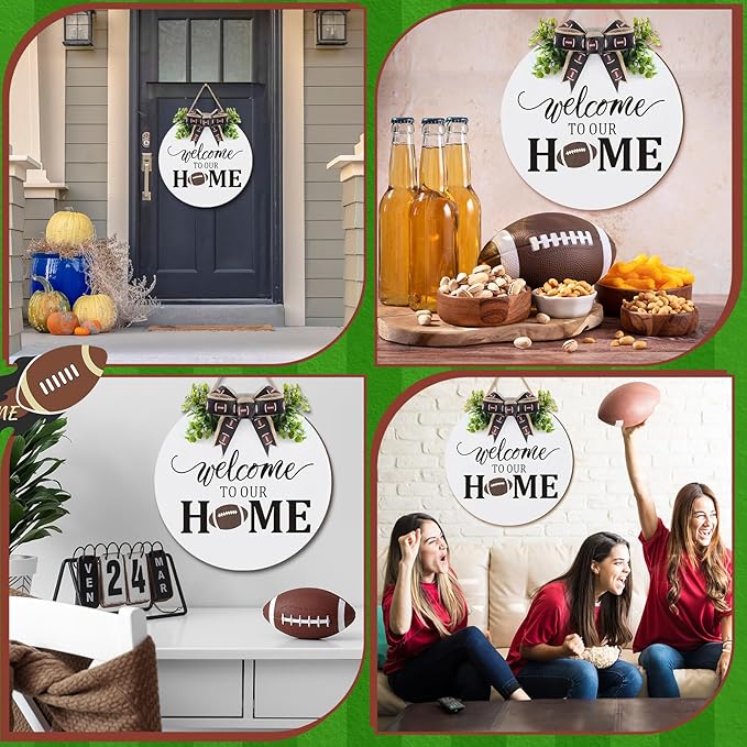 Hello Football Sign for Front Door Football Wooden Hanging Sign Welcome to Our Home Wreaths with Bow Farmhouse Wall Decoration for Home Game Front Porch Decor