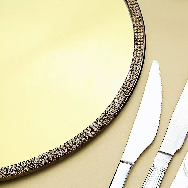 2 pcs 13&#x22; Round Mirror Glass Charger Plates with Rhinestone Rim Wedding Supplies