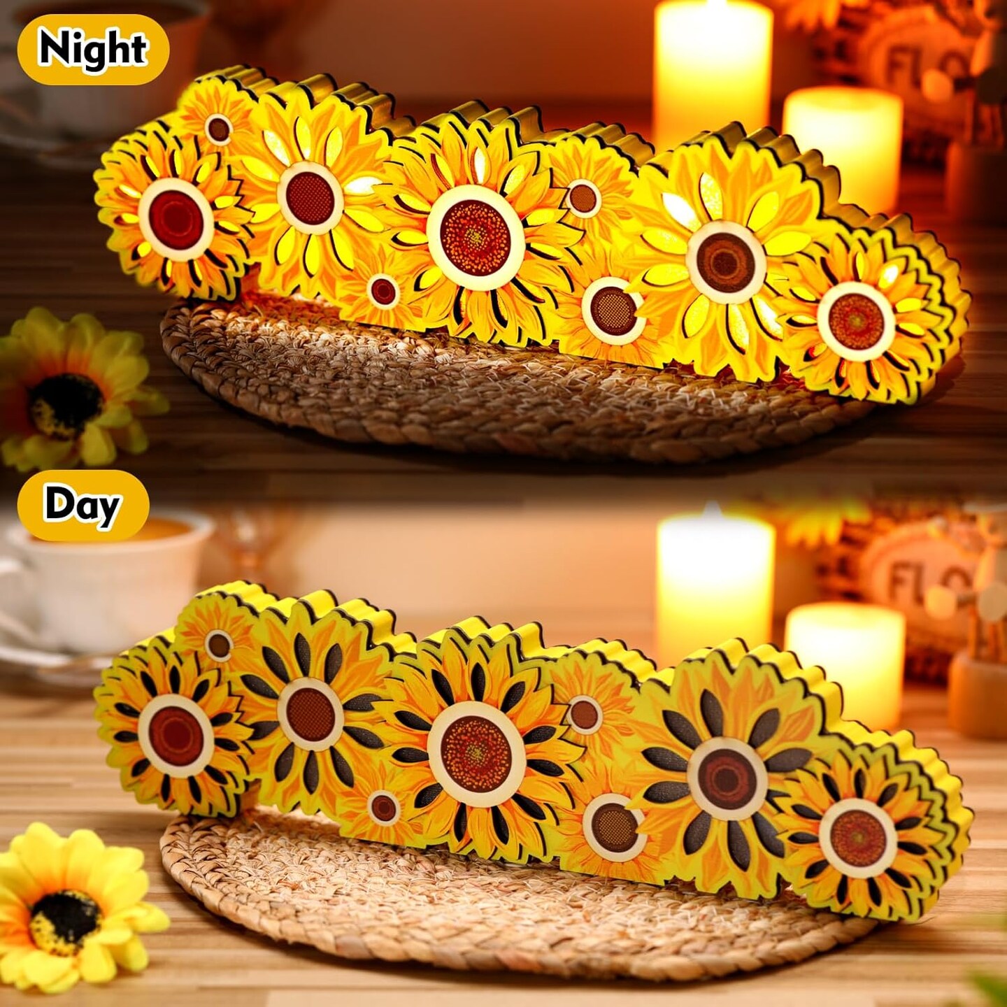Lighted Sunflower Sign Summer Wooden Block Decorations 3D Wood Sunflower with Light Farmhouse Tabletop Decor Standing Wood LED Sign 13.8x3.5inch