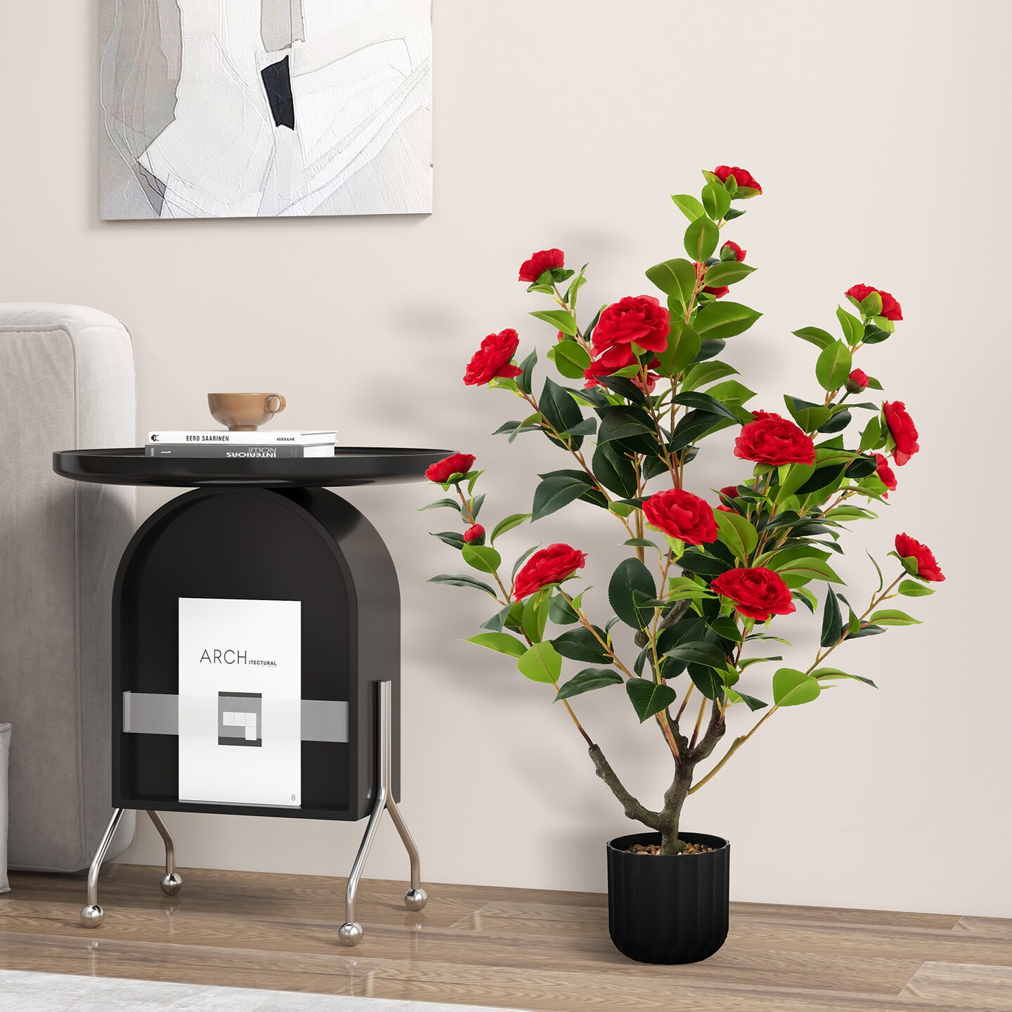 Faux Camellia Flower Tree 38 Inch Decorative Indoor Plant Pot