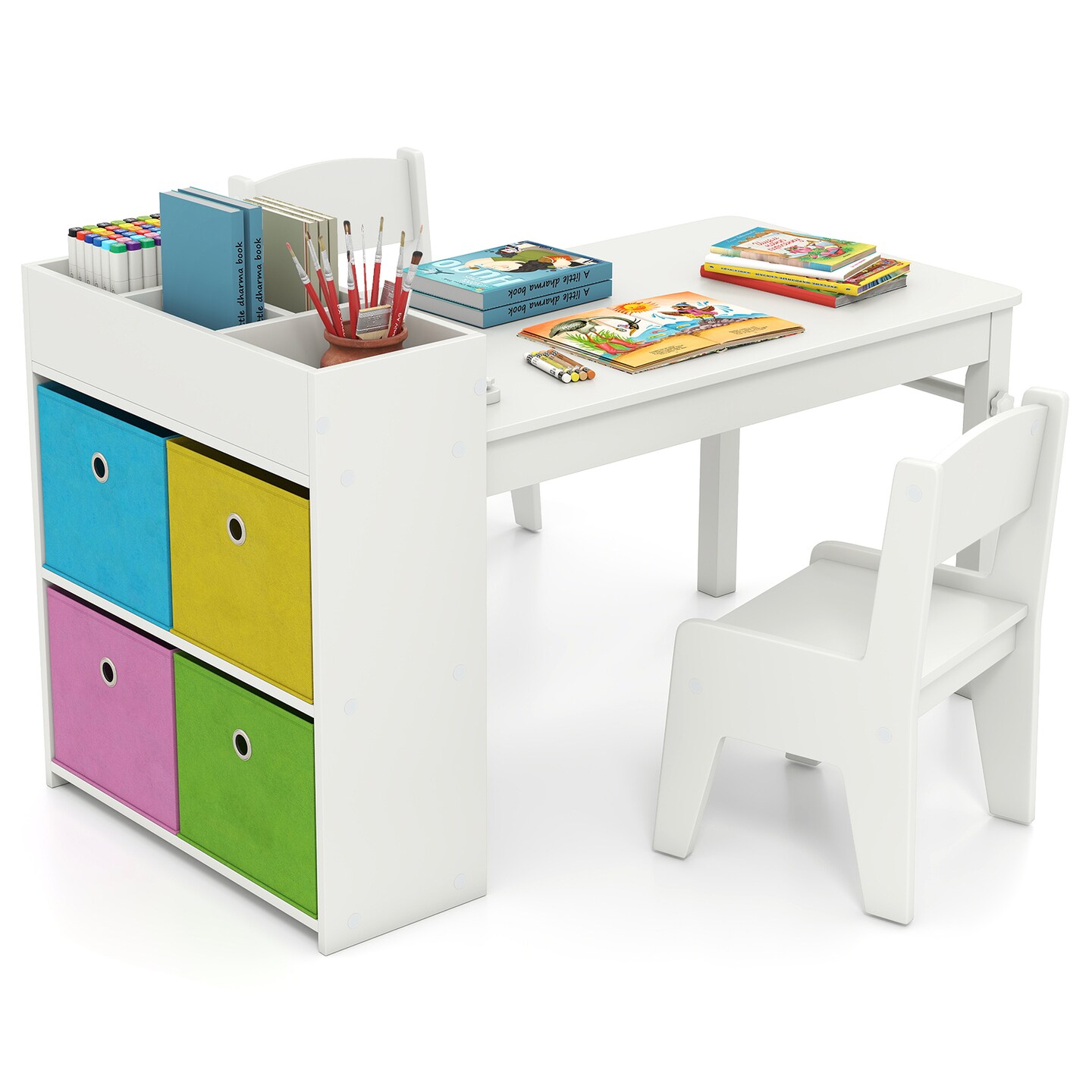 White MDF Metal Kids Art Table and Chair Set with Storage and Paper Roll