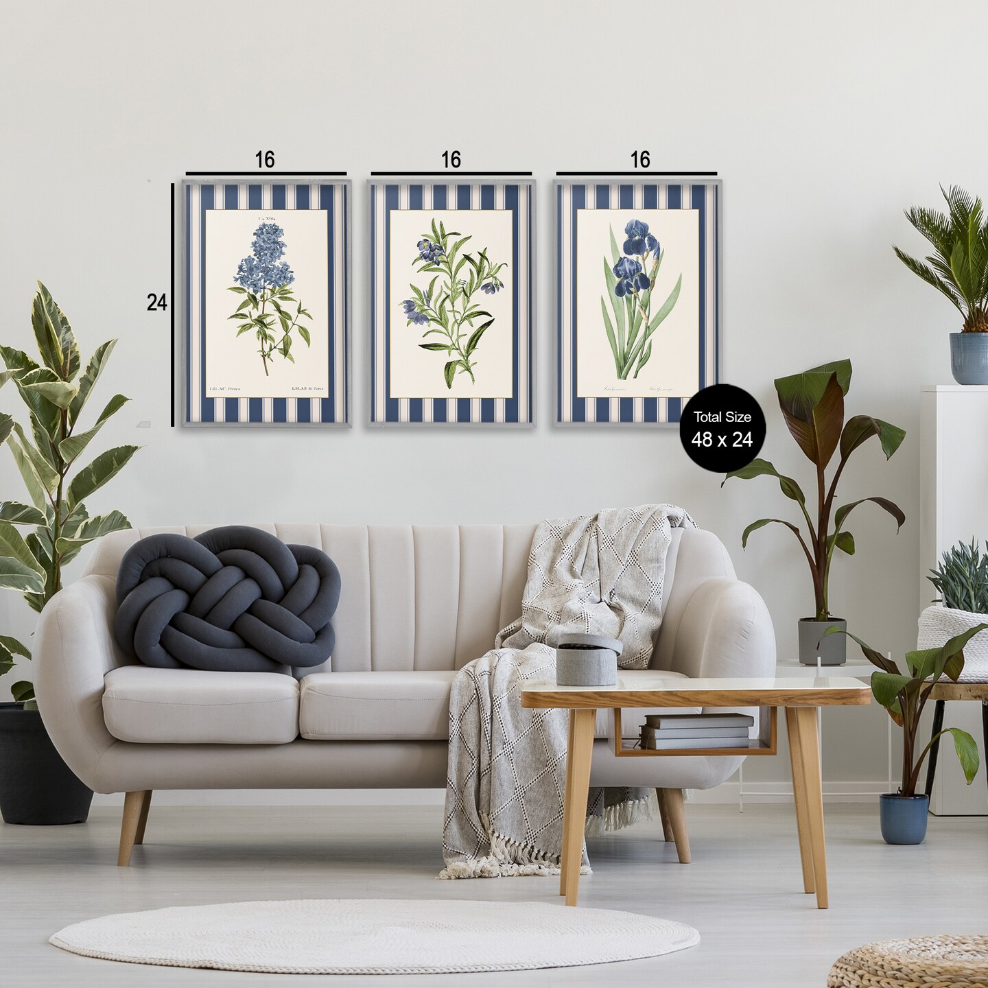 Stupell Industries Vintage Plant Studies over Stripes 3 Piece Black Framed Giclee Art Set, design by Corinne Haig