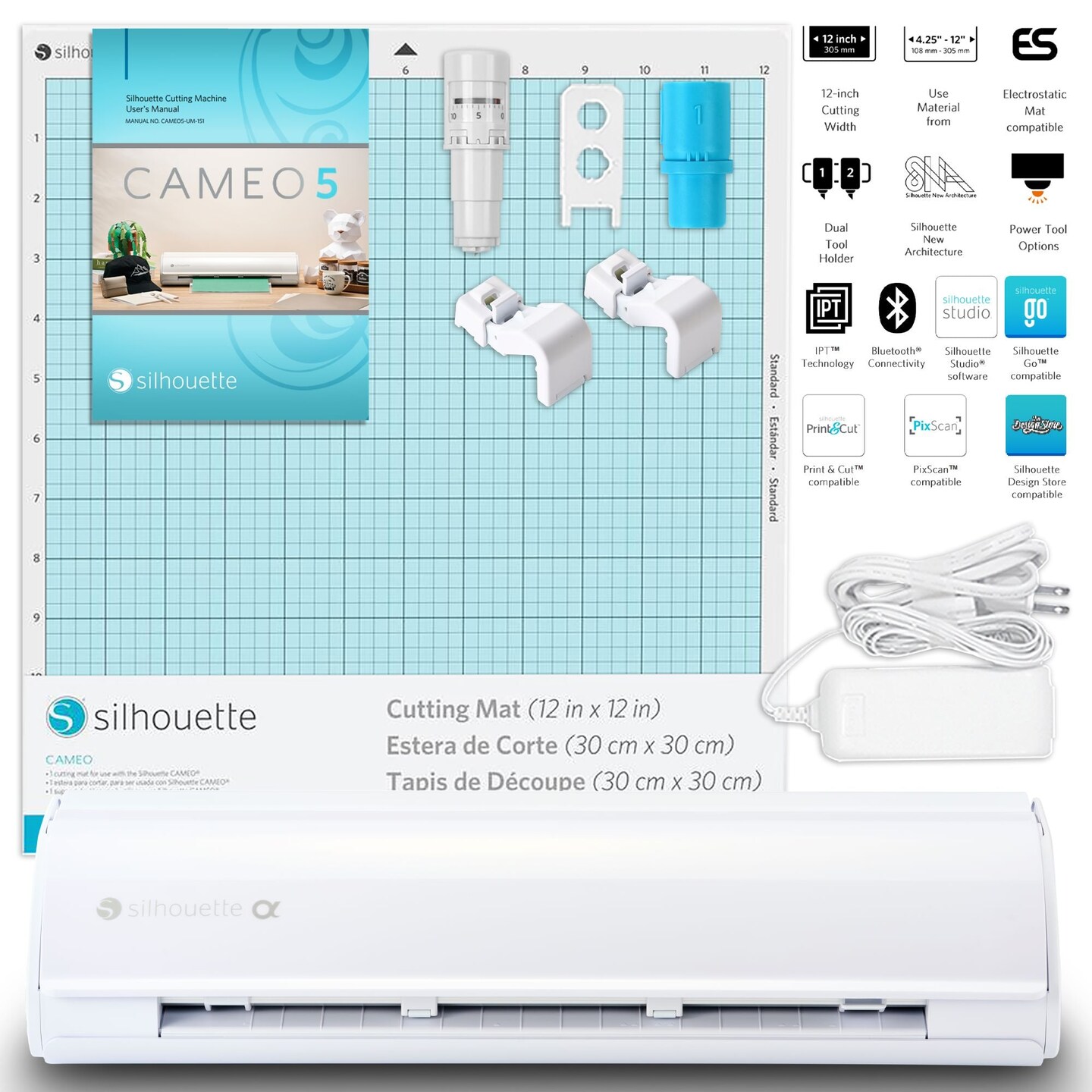 Silhouette White Cameo 5α Alpha w/ Deluxe Blade & Tool Pack, Mat Pack, Guides