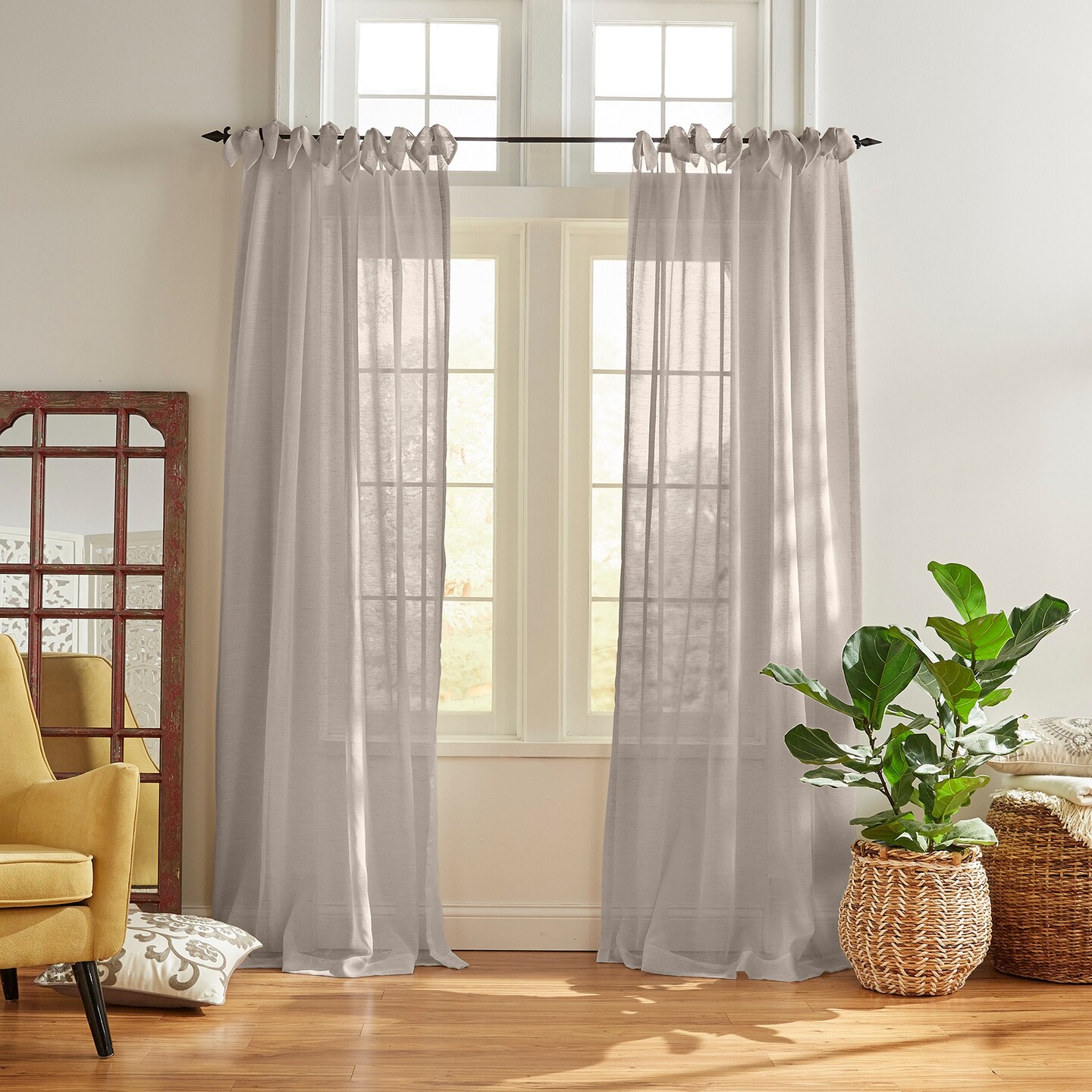 Threadmade Home Vienna Tie-Top Sheer Window Curtain, Light Gray - 52"W x 84"L