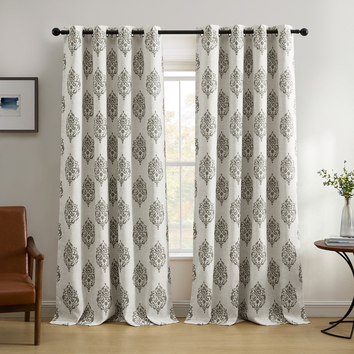 Threadmade Home Navara Medallion Room Darkening Window Curtain, Gray - 52"W x 95"L