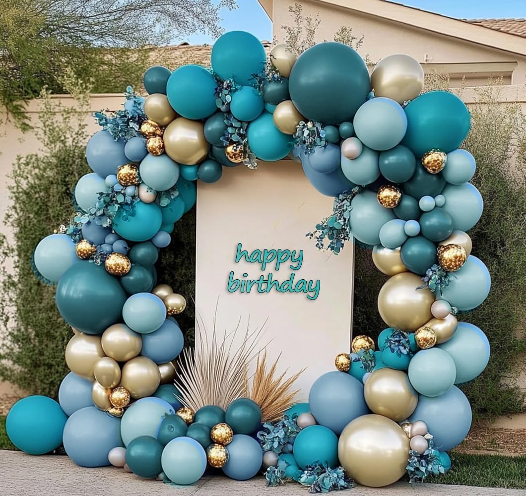 Teal Blue & Gold Balloons – Double-Stuffed Dusty Blue and Turquoise Balloon Set in Mixed Sizes, Teal Gold Balloon Garland for Birthday, Wedding, New Year, Anniversary & Baby Shower Ocean Party Décor