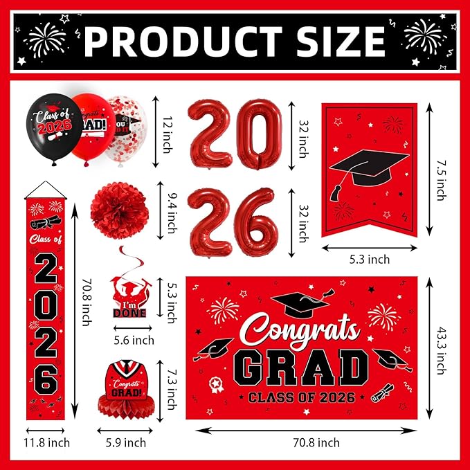 Class of 2026 Graduation Decorations - Red Congrats Grad Party Kit with Banner, Large Backdrop, Door Signs, 2026 Foil Balloons & Table Centerpieces - 40+ Piece Set