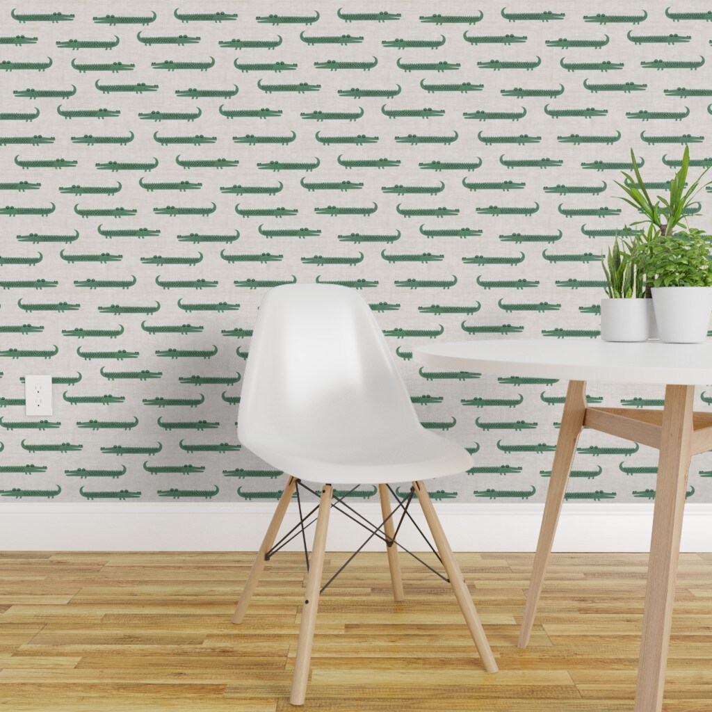 Peel &#x26; Stick Wallpaper 2FT Wide Whimsical Gators Green Beige Gray Boho Animals Fun Cute Happy Cheerful Playful Novelty Custom Removable Wallpaper by Spoonflower