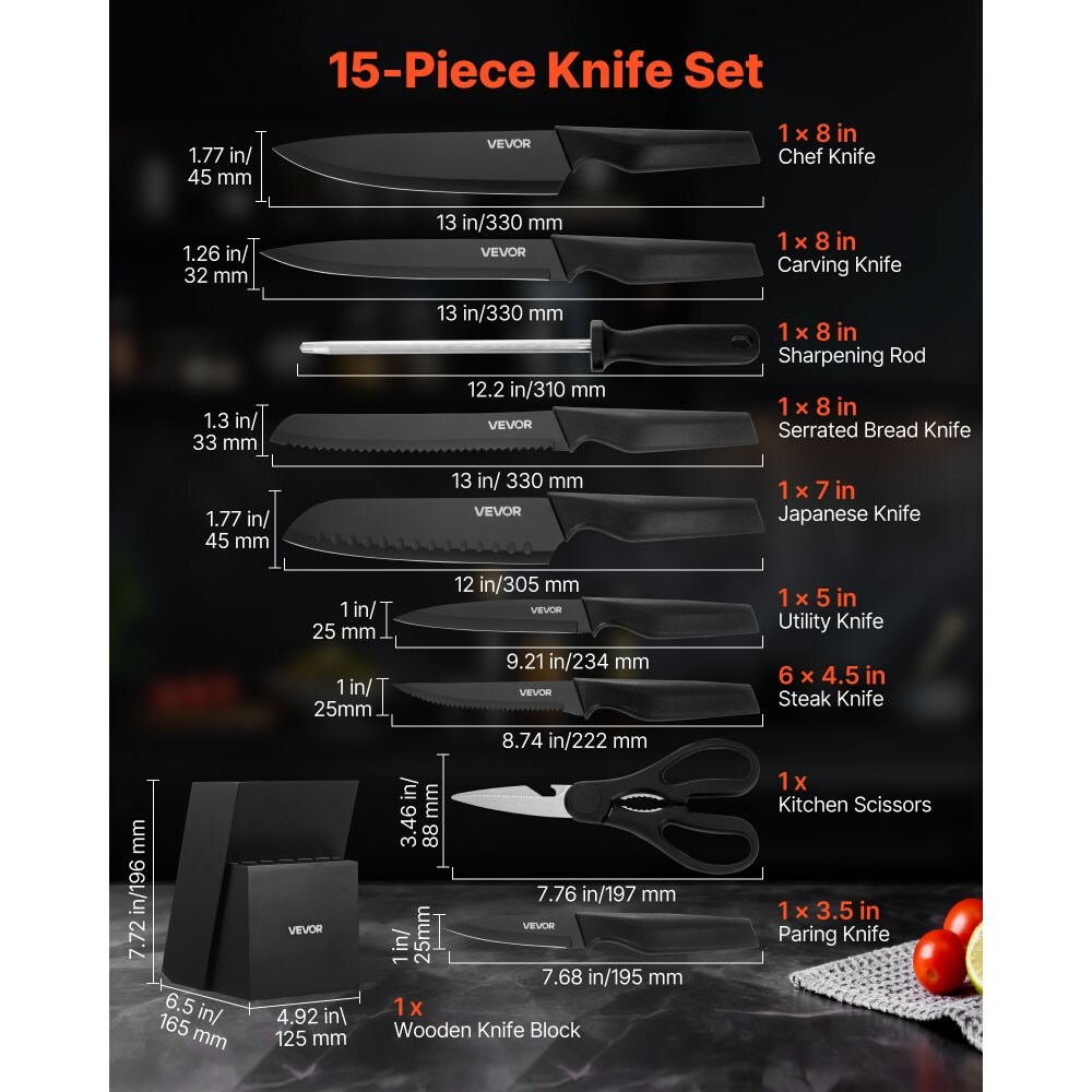 15-Piece High Carbon Stainless Steel Knife Set with Block and Sharpening Rod
