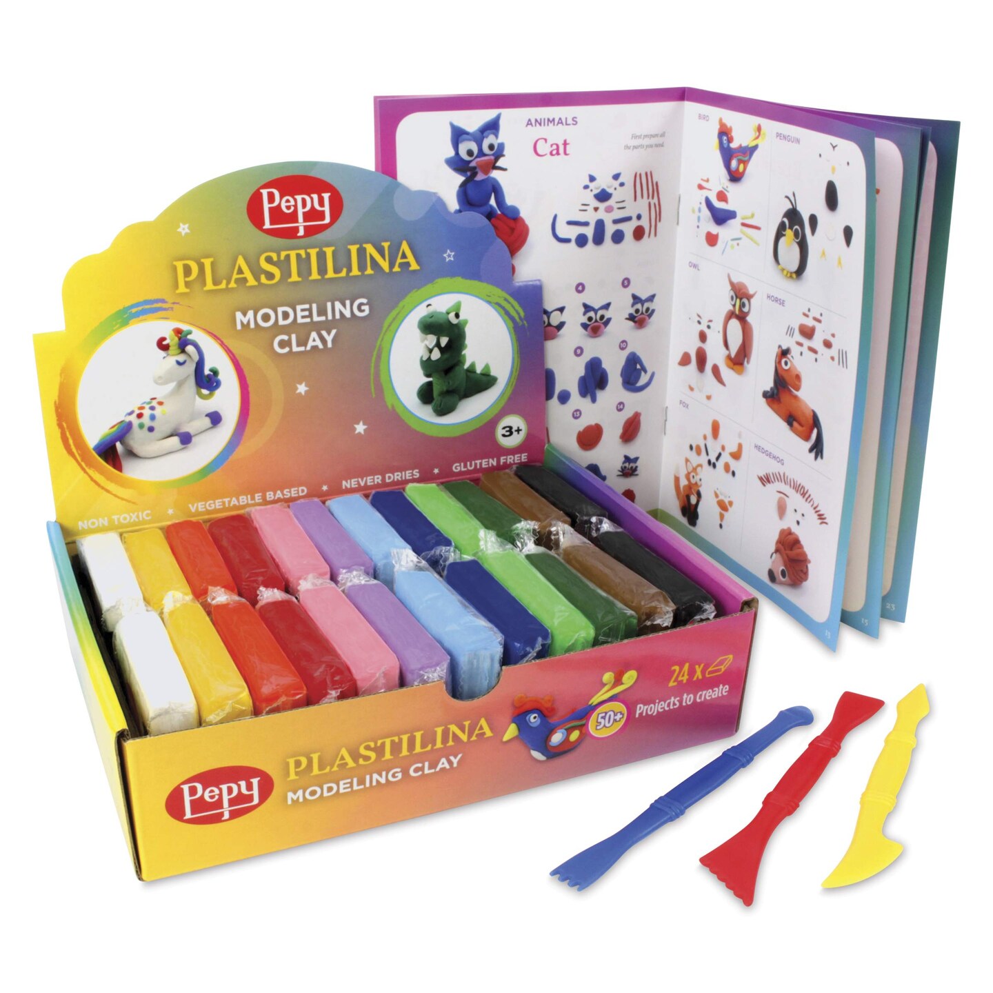 Pepy Plastilina Modeling Clay - Assorted Colors, 1.4 oz, Pkg of 24 w/ Tutorial Book and Tools