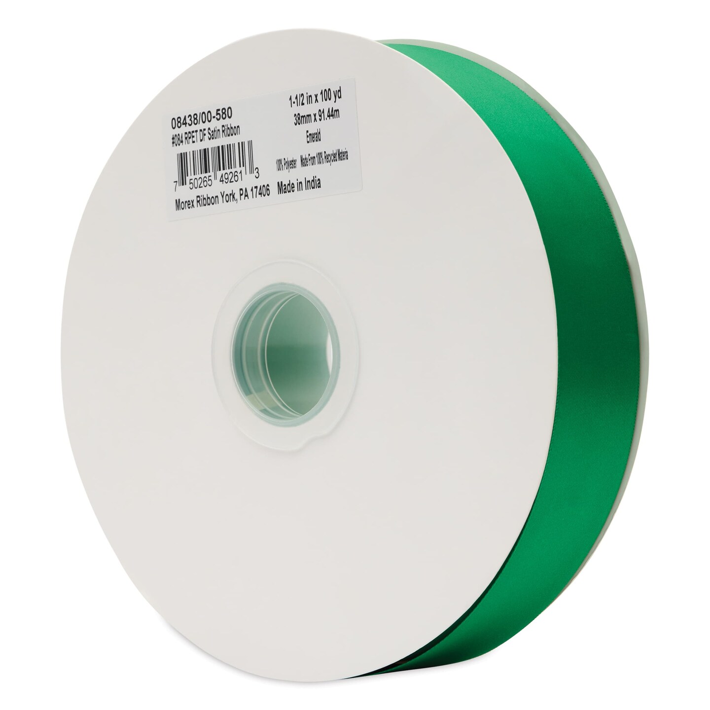Morex Recycled Double Faced Satin Ribbon - Emerald, 1-1/2" x 100 yd