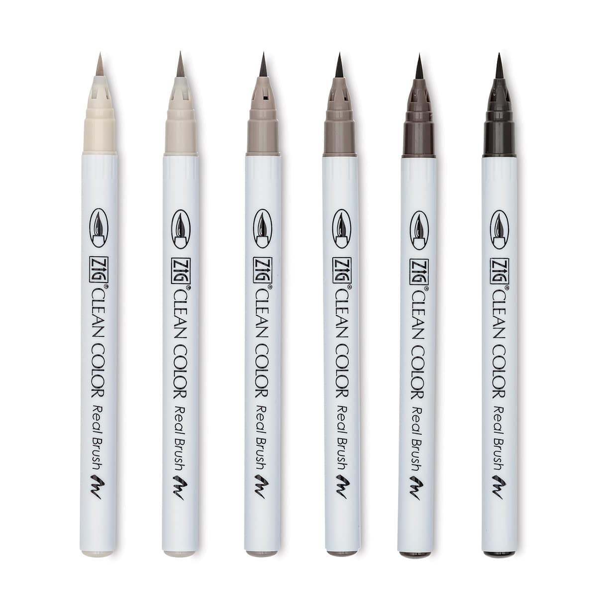 Kuretake Zig Clean Color Real Brush Pens - Set of 6, Warm Grey