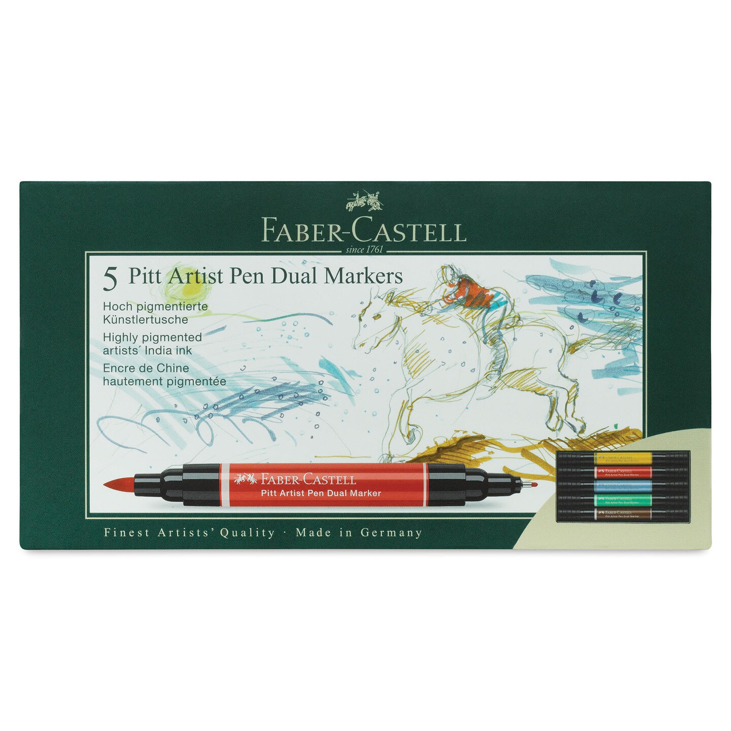Faber-Castell Pitt Artist Pen Dual Tip Markers - Set of 5, Assorted Colors