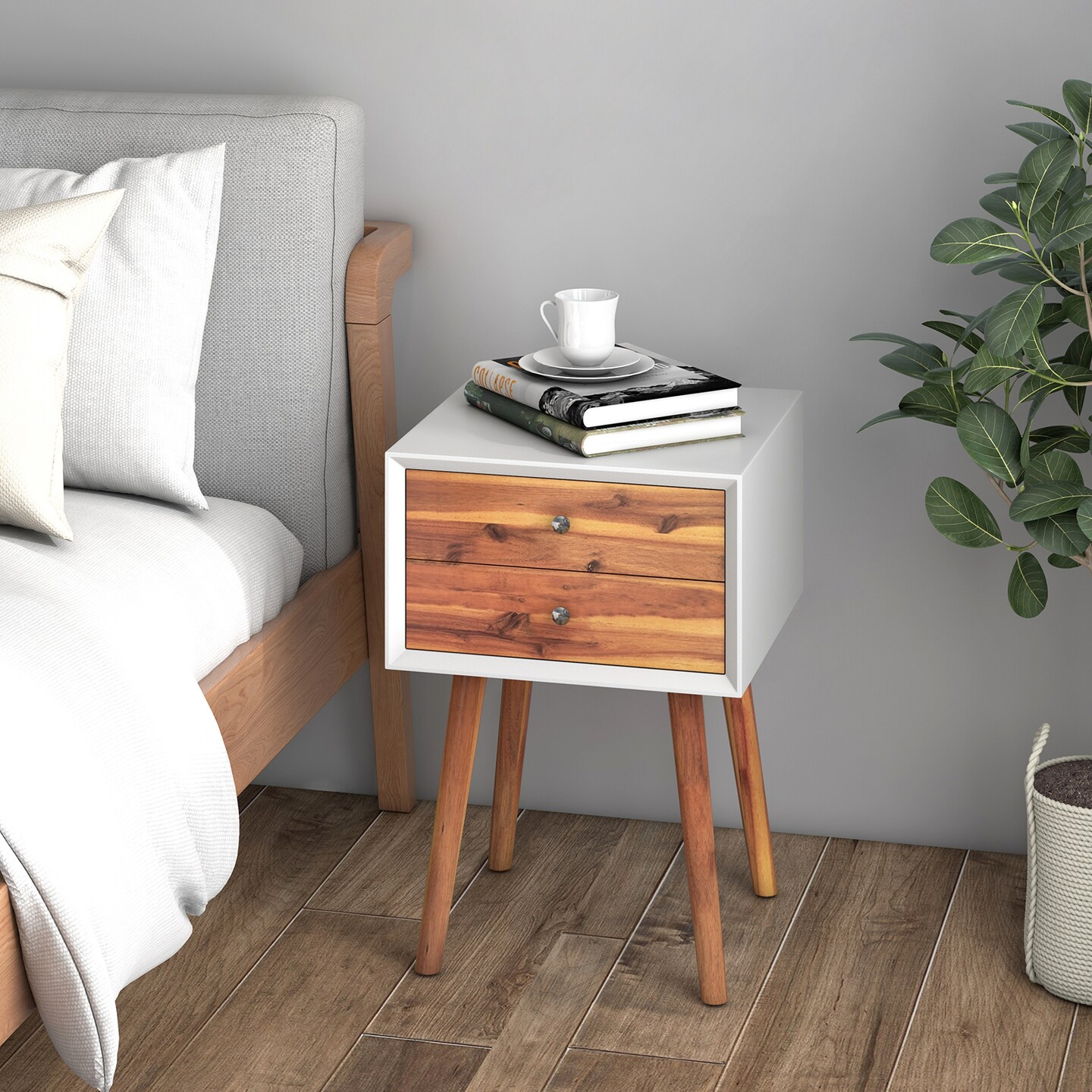 Wooden End Table with 2 Storage Drawers Mid-Century Modern Nightstand