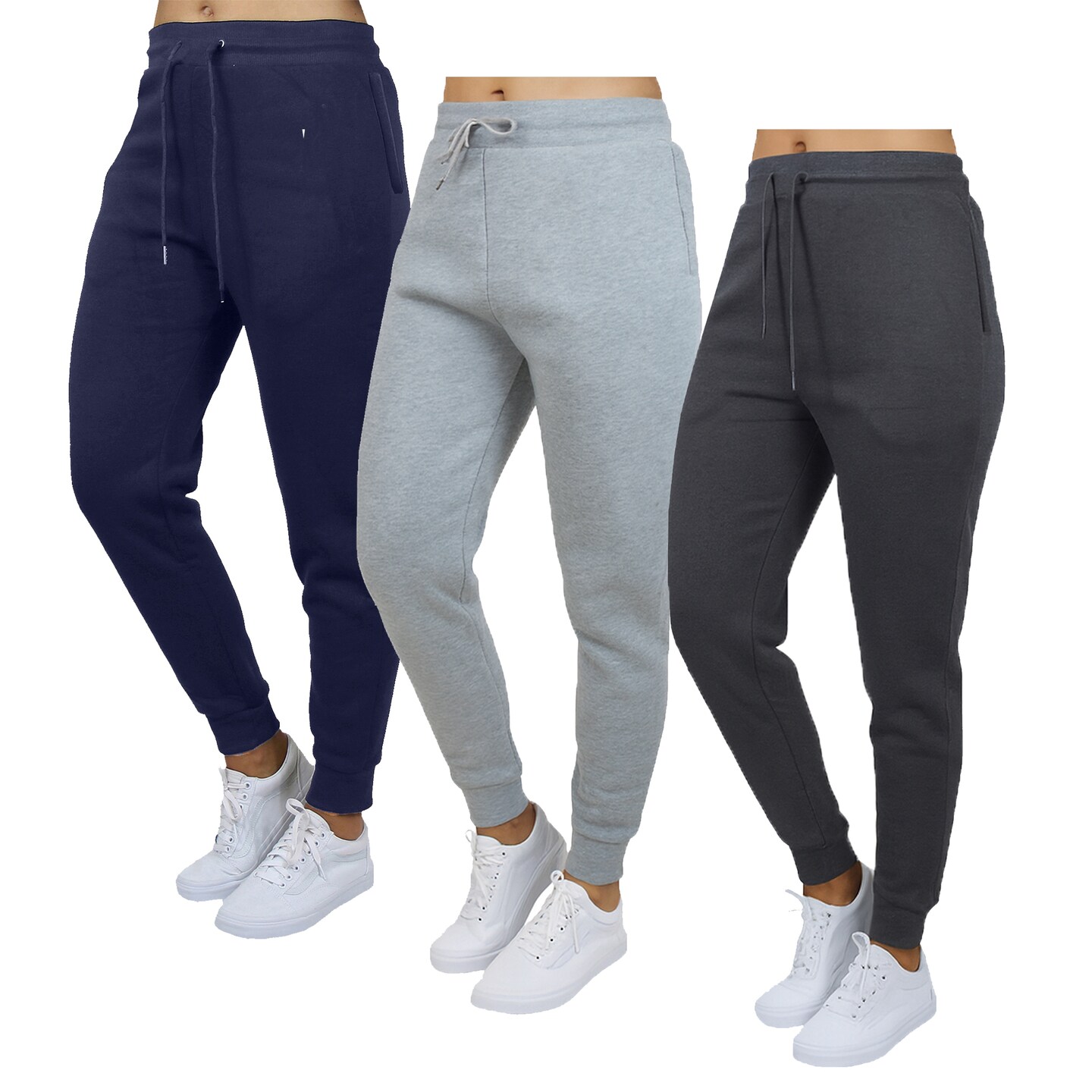 Galaxy by Harvic 3-Pack Women's Loose Fit Fleece Jogger Sweatpants With Sizde Zipper Pockets
