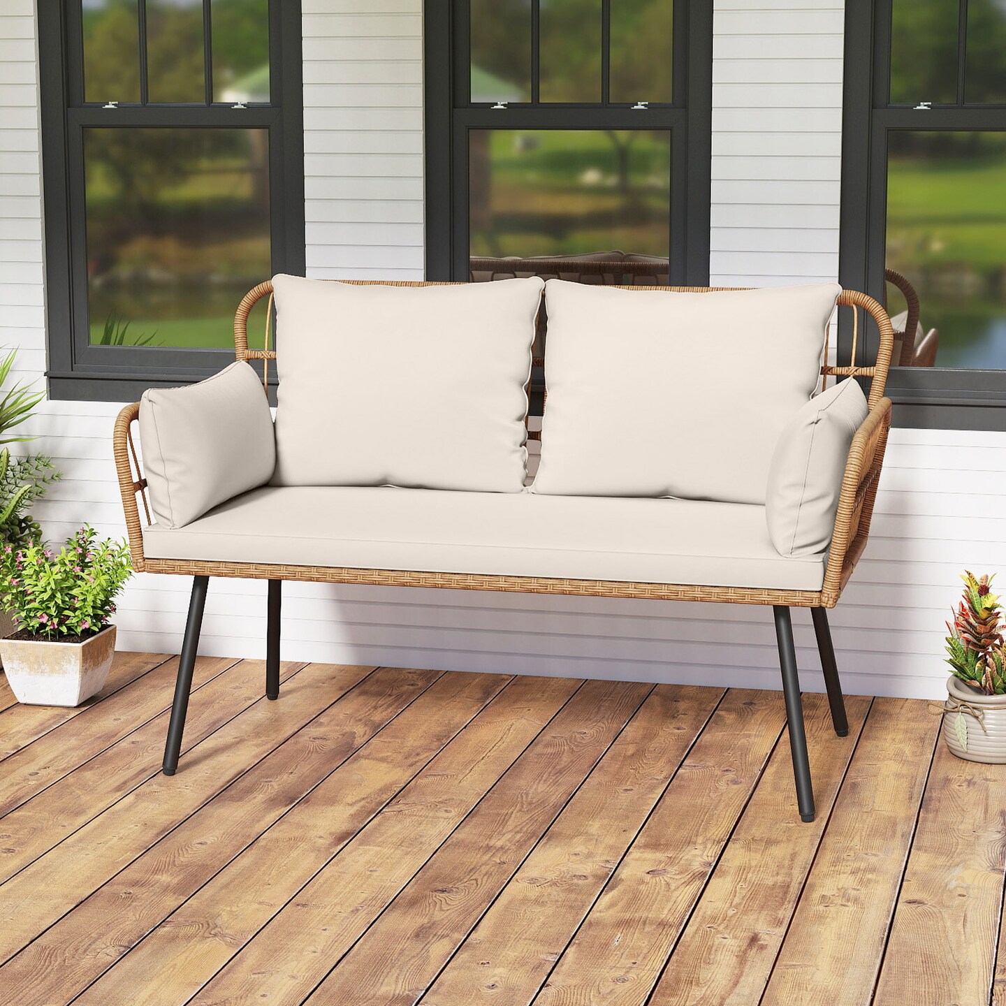 Outdoor 2-Seater Rattan Bench Chair with Comfortable Cushions and Metal Legs