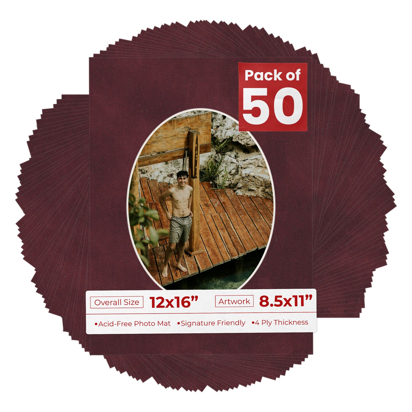 Dark Red Suede Mat Board for 12x16 Frames - Oval Opening for 8.5x11 Photos