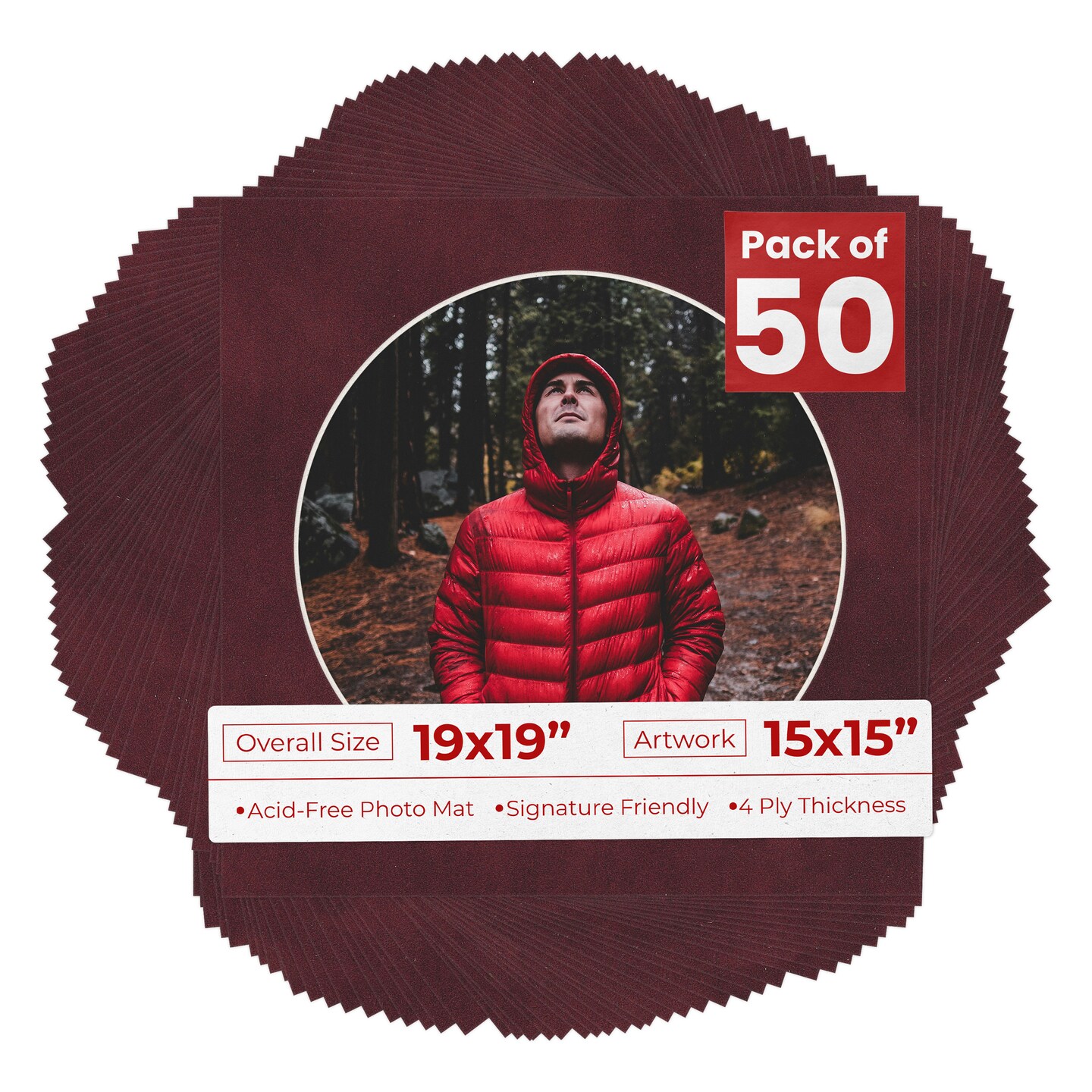 Dark Red Suede Mat Board for 19x19 Frames - Circle Opening for 15x15 Photos