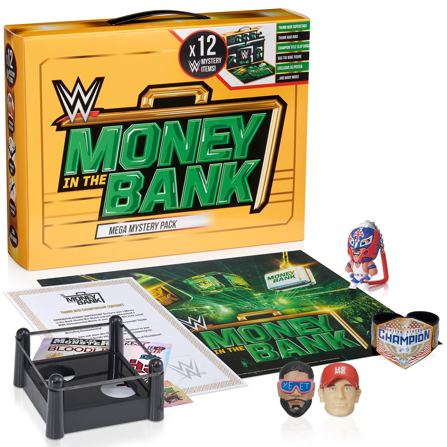 WOW! STUFF: WWE Money in the Bank - Mega Mystery Pack - Surprise Items, Thumb War Superstars, Ring-Poster-Slap Band-Keychain Figure-Stickers, Kids 6+