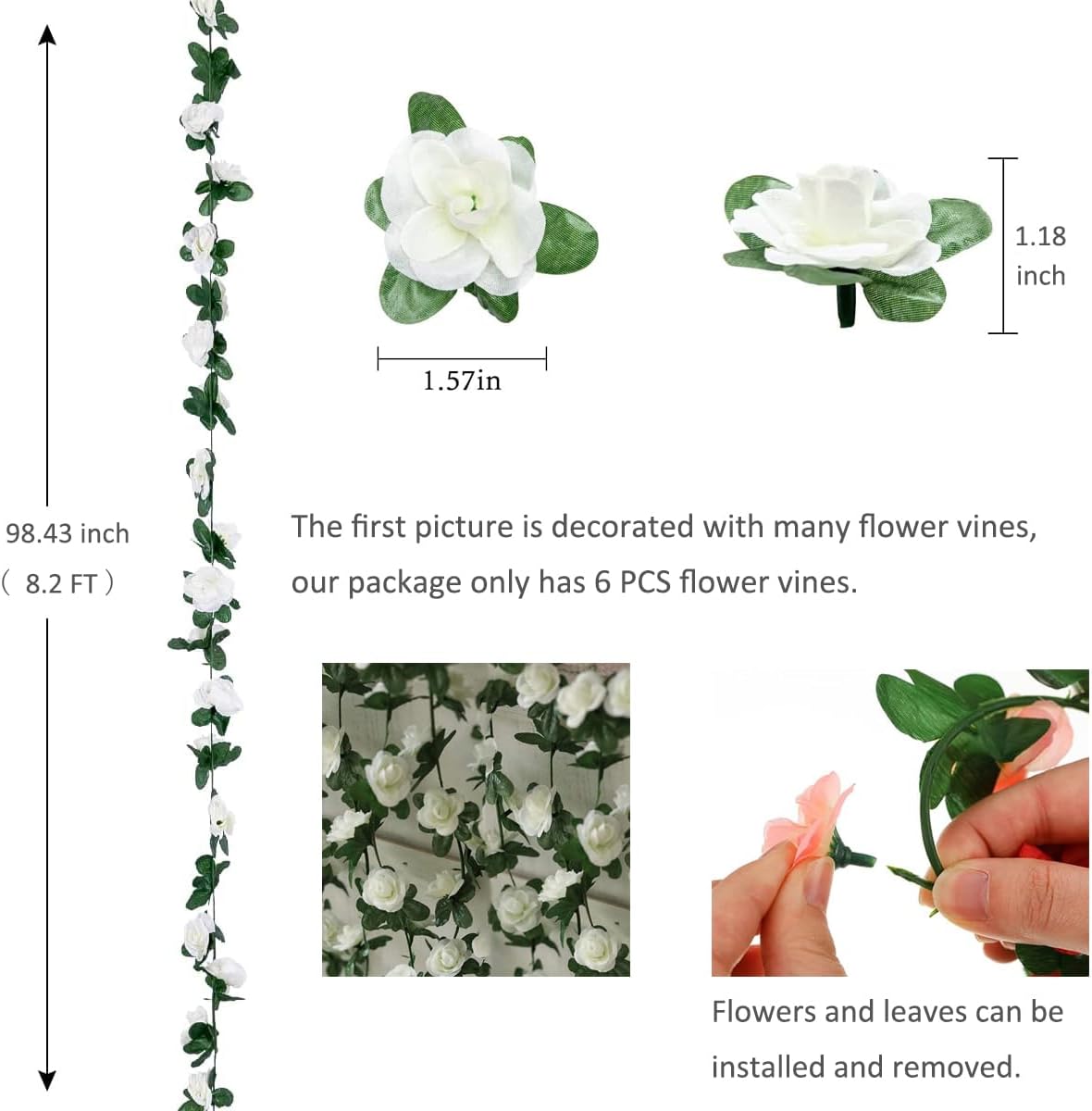6 PCS White Rose Flower Spring Garland