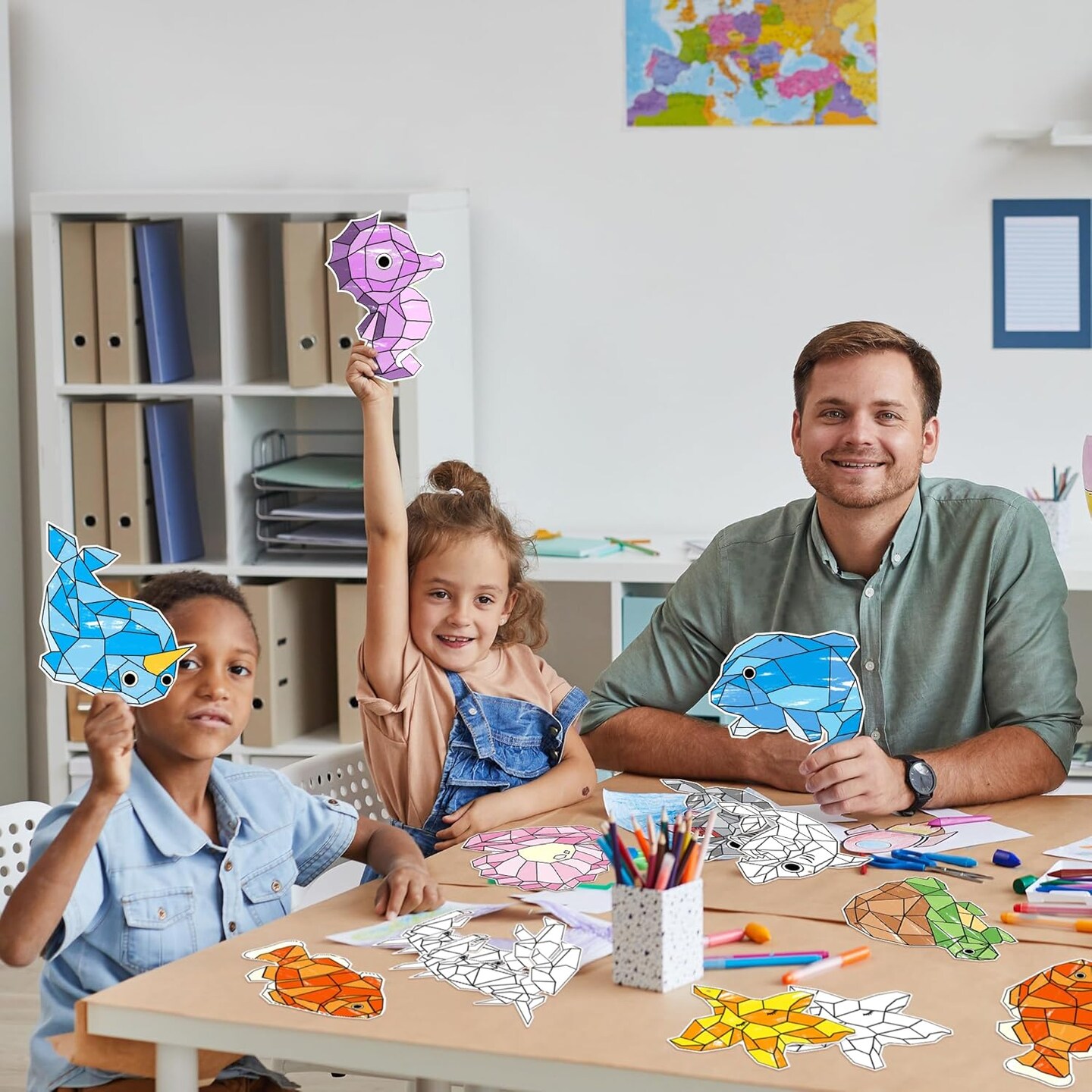 Coloring Ocean Animals Kit - 83Pcs Color Your Own Ocean Animals Kit for Kids DIY Coloring Craft Kit Coloring Sea Animals Geometric Card Decor School Classroom Summer Party Activity