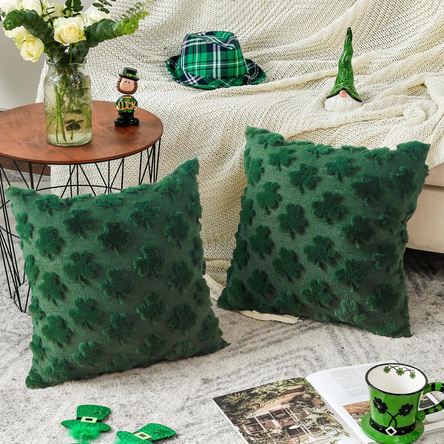 St Patricks Day Pillow Covers, 18x18 Inch Set of 2 Green Shamrock Throw Pillows, Soft Plush & Faux Fur Decor for Couch Sofa Bedroom, Holiday Home Decorations