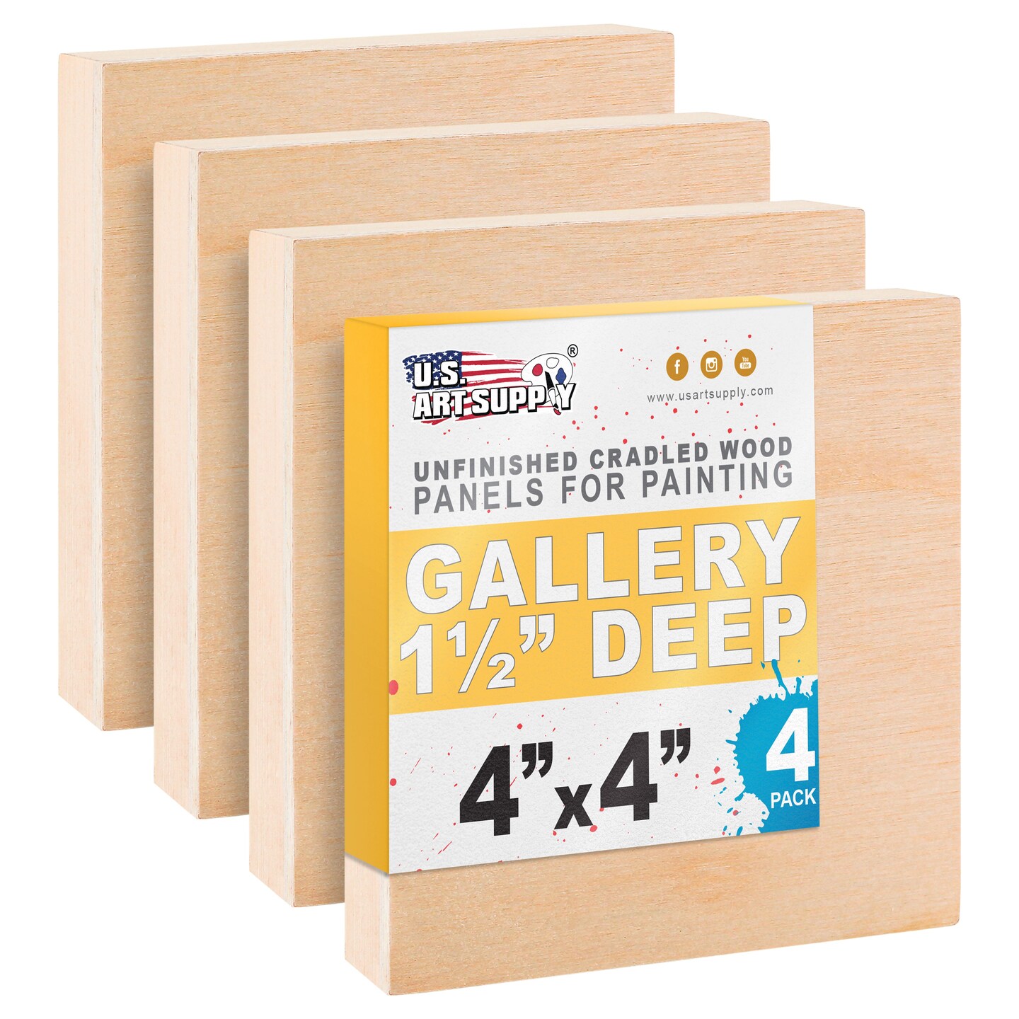 4x4 inch Cradled Wood Panels for Painting, Gallery 1-1/2" Deep (4 Pack) - Artist Depth Wooden Wall Canvases - Mixed-Media Craft, Acrylic, Oil, Encaustic, Paint Pouring