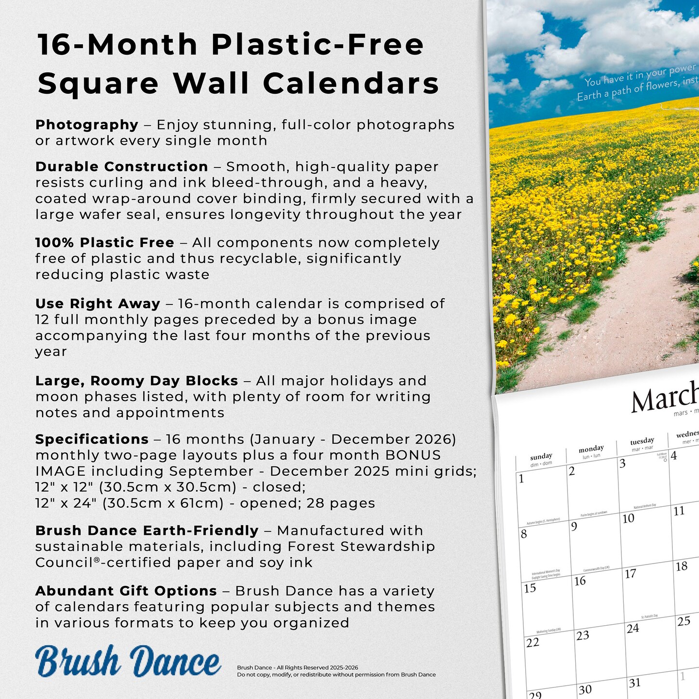 Pathways | 2026 12 x 24 Inch (Hanging) Monthly Square Wall Calendar | Plastic-Free