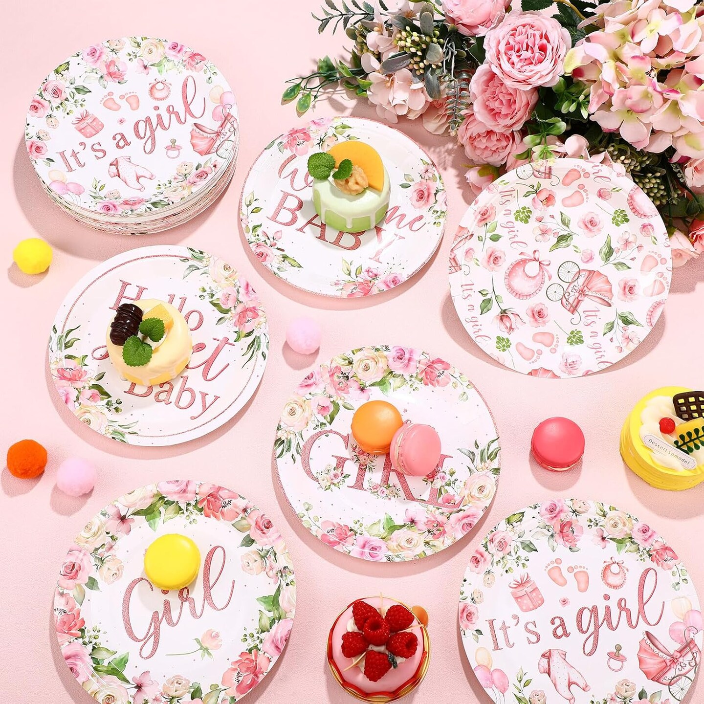 60 Pcs 7 Inch Baby Shower Paper Plates Girl Pink Floral Baby Shower Plates Decorations Sweet Tableware It's a Girl Party Supplies Favors for Gender Reveal Theme Party