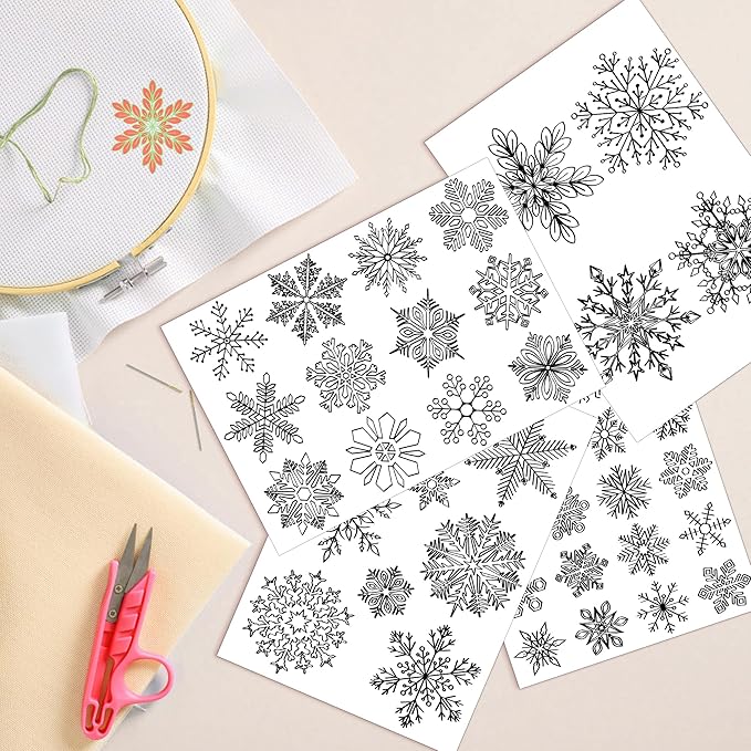 CRASHOT 4 Sheets Christmas Stick and Stitch Embroider Paper Wash Away, 48 Pcs Winter Snowflakes Embroidery Patterns, Suprise Hand Sewing Lover