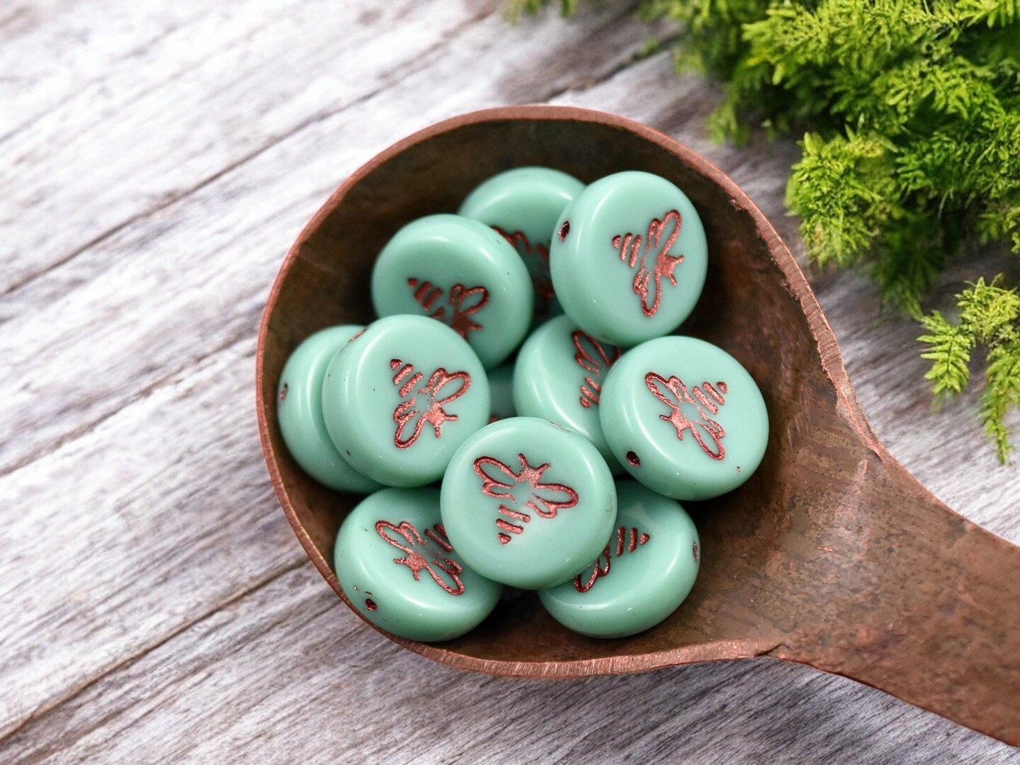 *12* 12mm Copper Washed Opaque Turquoise Bee Coin Beads