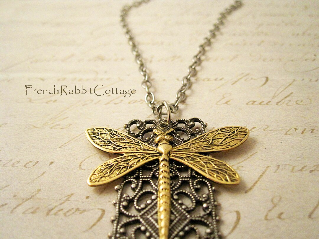 Dragonfly Filigree Necklace Pendant.  Victorian Style Statement Jewelry. Insect Bug Nature Jewelry Gift for Women. Mixed Metal Assemblage product 6