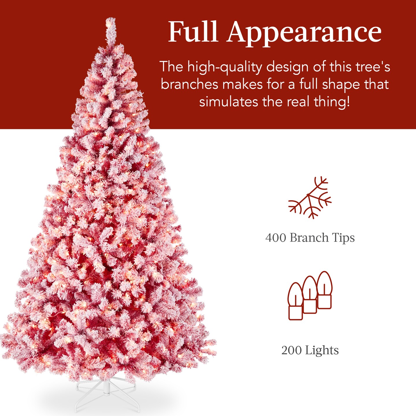 Best Choice Products Pre-Lit Red Christmas Pine Tree w/ Flocked Branches, Warm-White Lights