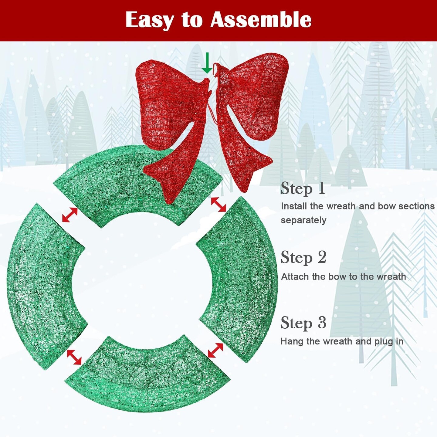 26 Inch Christmas Wreath, Outdoor Christmas Wreath Decoration, Lighted Xmas Wreath for Christmas Home Wall Door Decoration (Green)