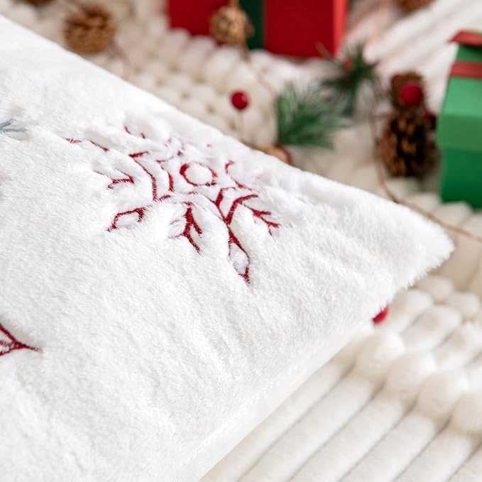 Pack of 2 Christmas Decorative Throw Pillow Covers Soft Faux Fur Pillow Cases with Embroidery Snowflake Cute Pillowcases Holiday Decor for Couch Sofa Bedroom, 18 x 18 Inch, Red