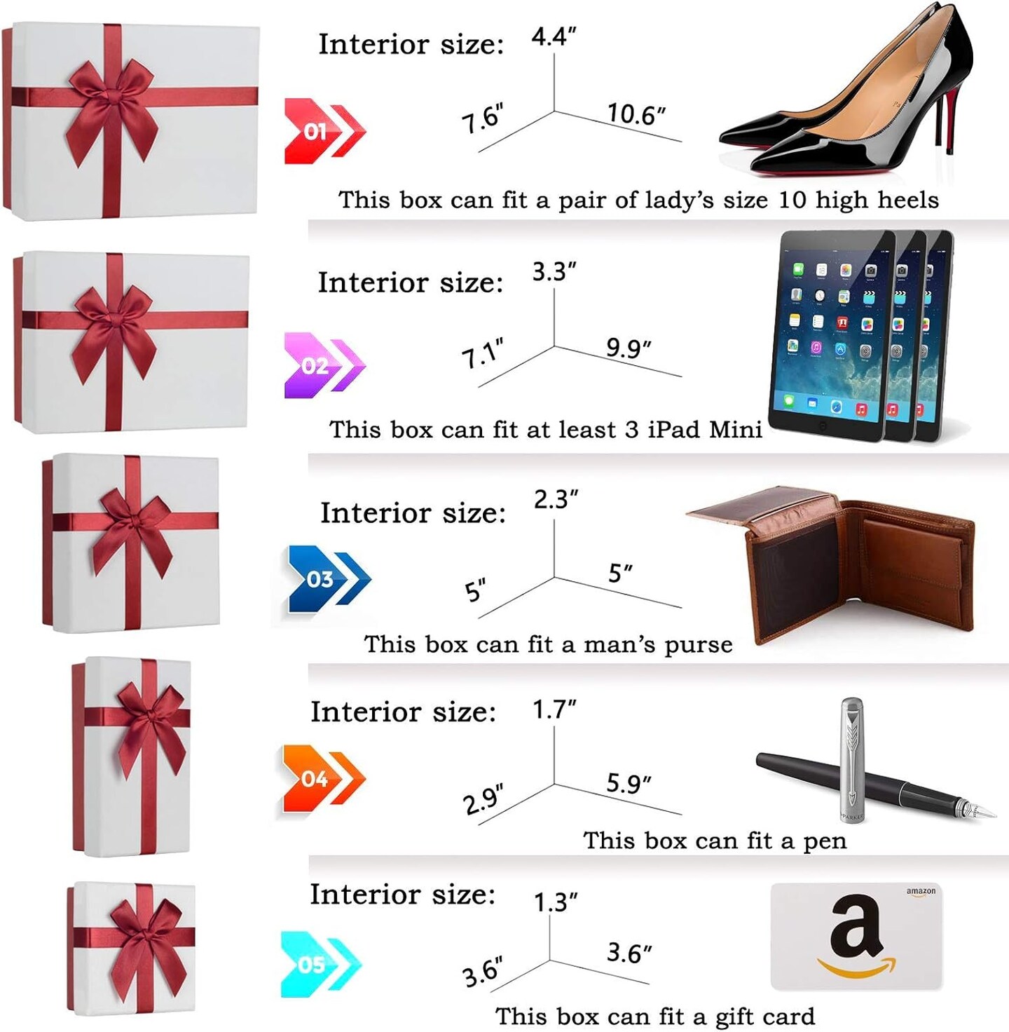 Gift Boxes for Present, 5 Christmas Gift Boxes with Lids, Boxes for Gifts, Red Gift Boxes with Ribbon for Holidday, Christmas, Celebration, Birthday, Weddings, etc.(Red/White)