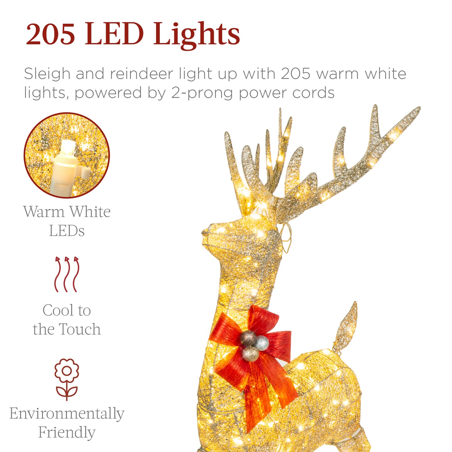 Best Choice Products Lighted Christmas 4ft Reindeer &#x26; Sleigh Outdoor Yard Decoration Set w/ 205 LED Lights, Stakes
