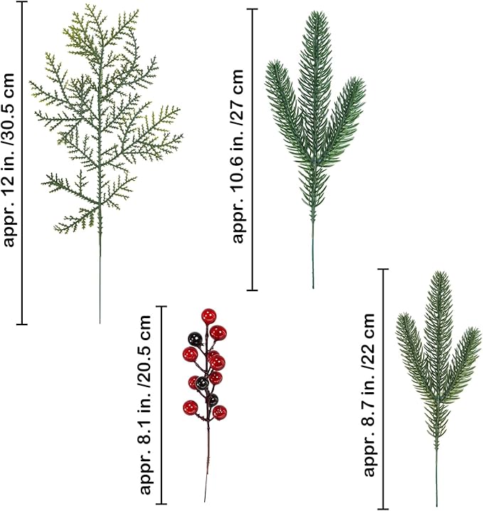 Branches Red Berry Picks Fake Greenery Plants Pine Sprigs Christmas Tree Stems 8.1&#x22;-12&#x22; for Holiday Christmas Tree DIY Garland Centerpiece Floral Arrangement
