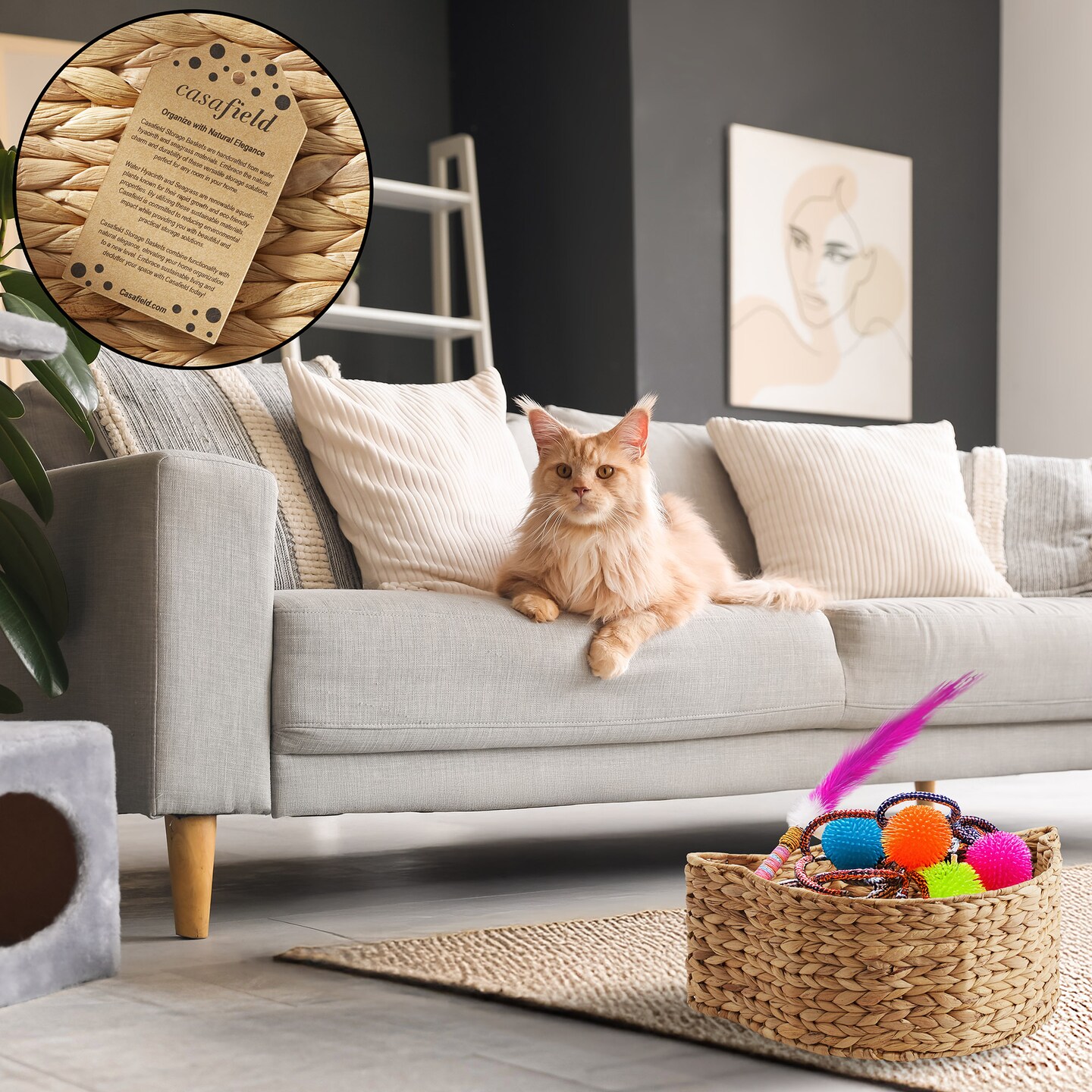 Casafield Cat Shaped Storage Basket, Woven Water Hyacinth Pet Toy Organizer Bin