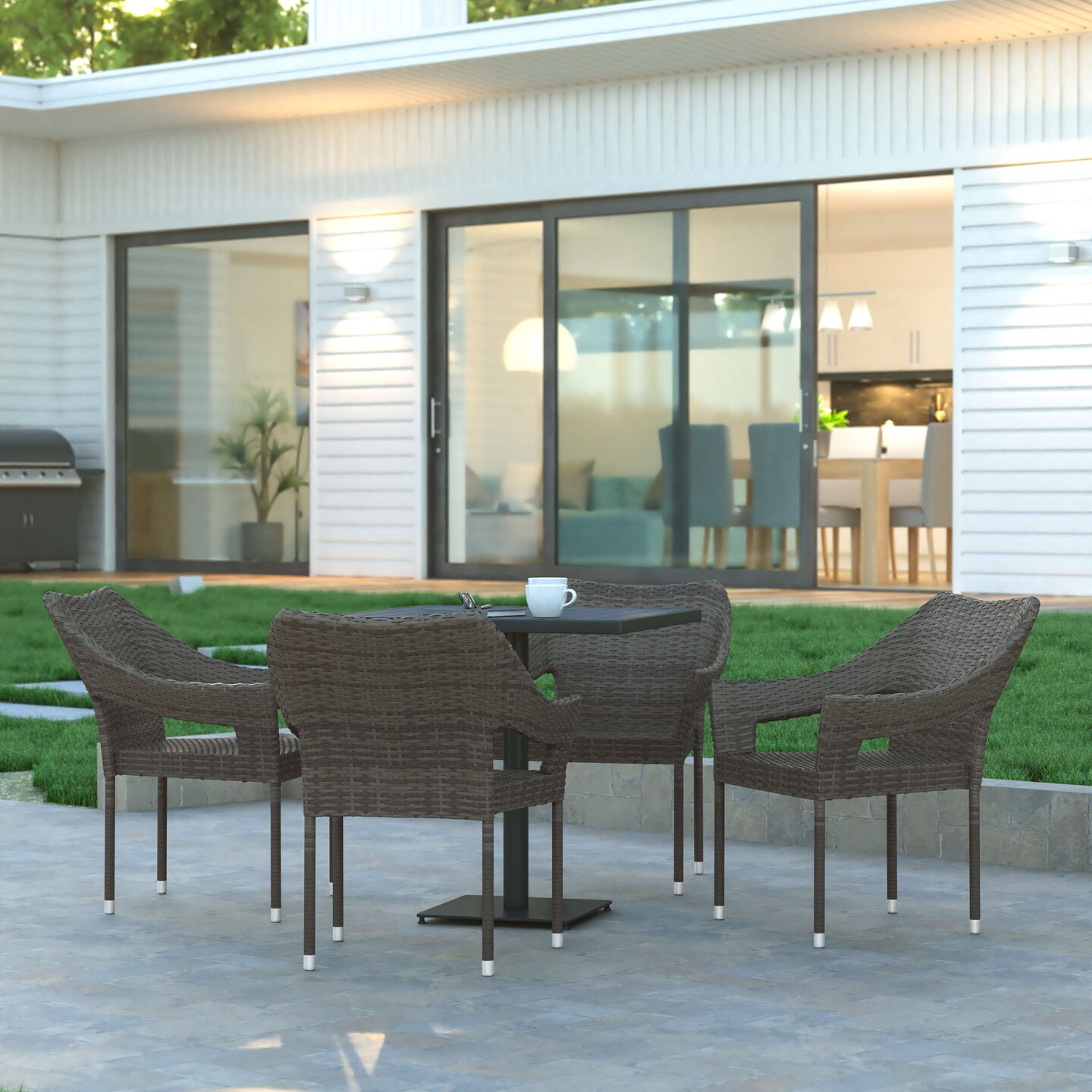 Emma and Oliver Embry All-Weather Indoor/Outdoor Stacking Patio Dining Chairs with Steel Frame and Weather Resistant PE Rattan