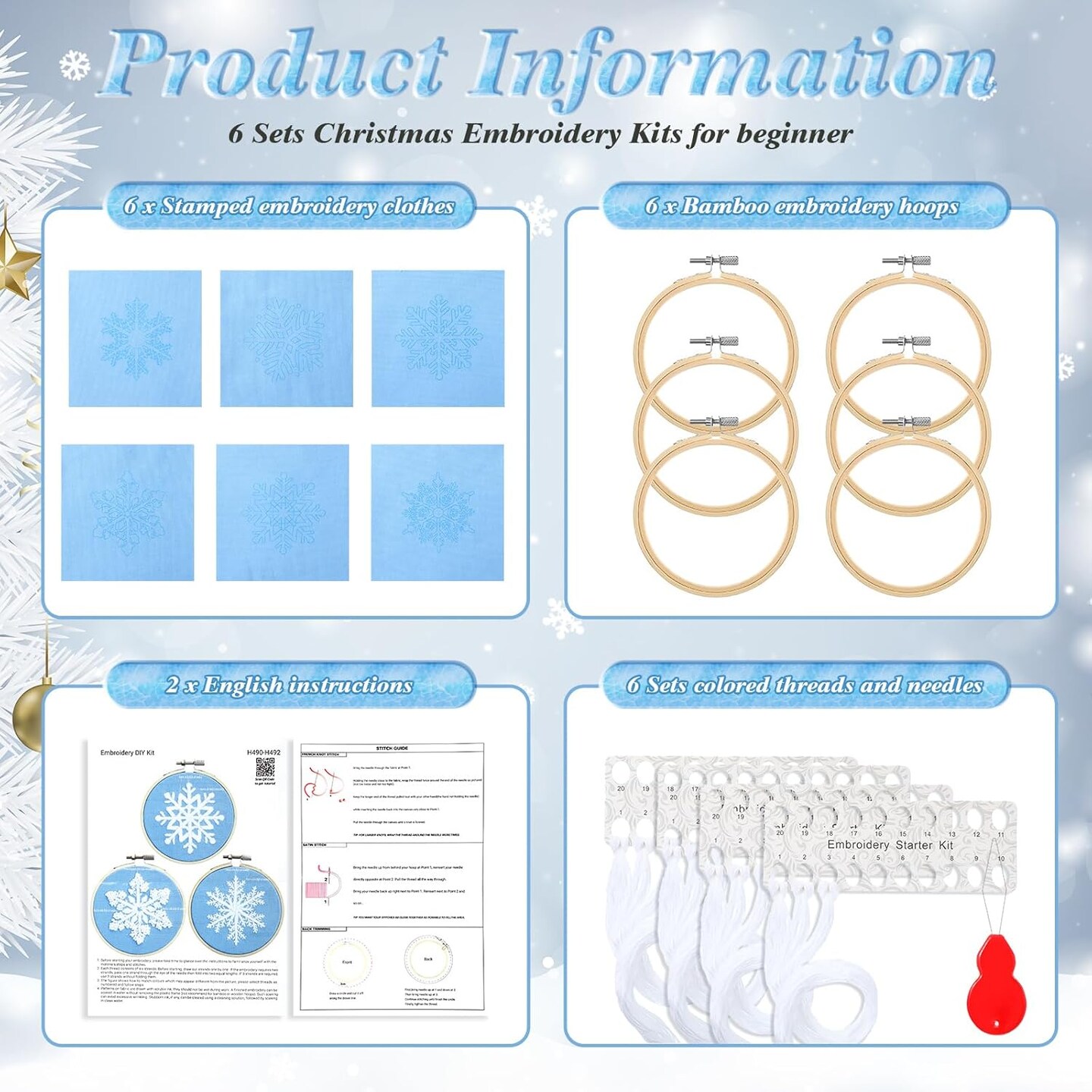 6 Sets Winter Christmas Embroidery Kit for Beginners Snowflakes Cross DIY Needlepoint Kit with Patterns Instructions Embroidery Hoops Threads Needles Needle Threader Ropes Ribbon(Blue)