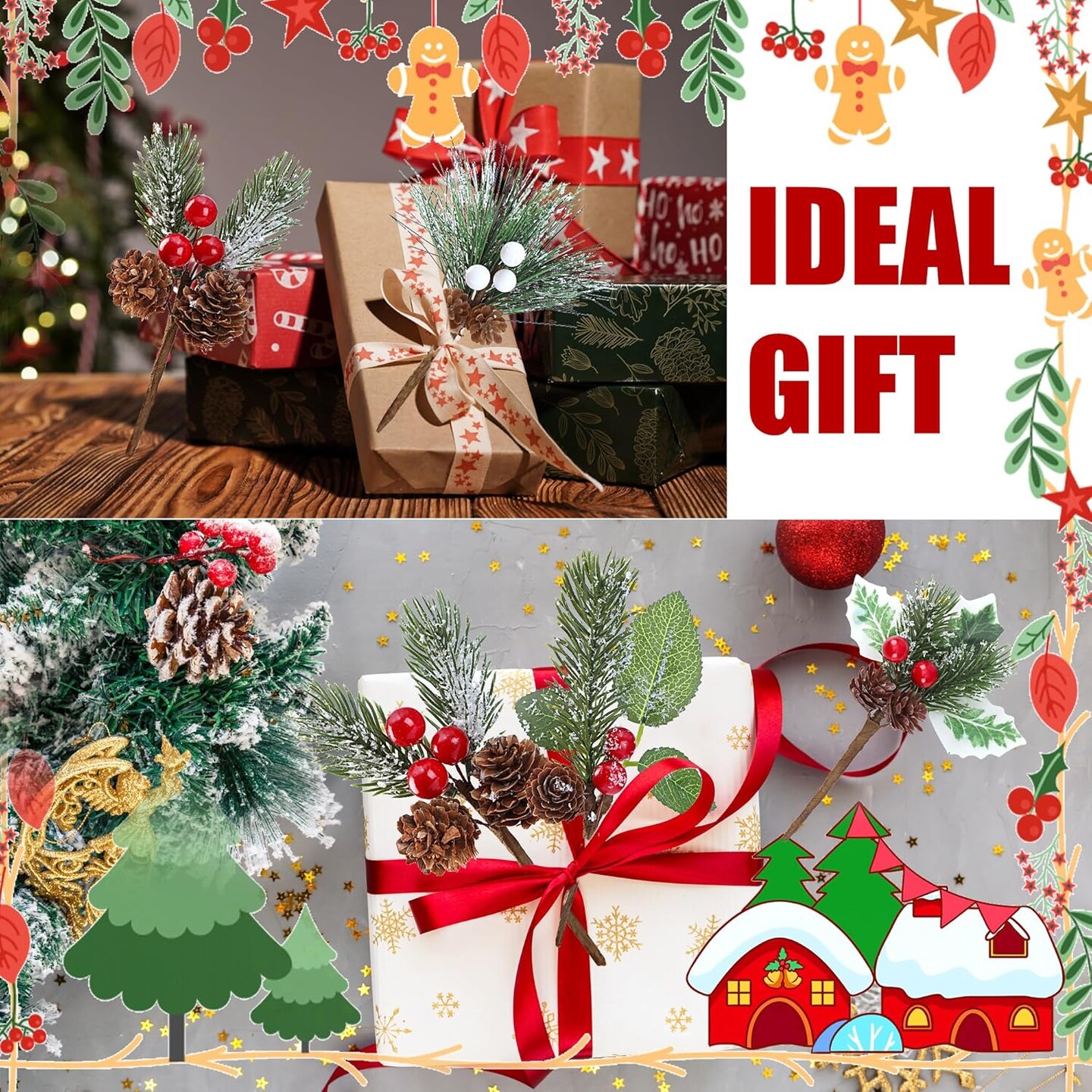 Artificial Christmas Picks Assorted Red White Berry Picks Stem Faux Pine Picks &#x26; Spray with Pine Cones for Floral Arrangement Wreath Winter Holiday Season Decor