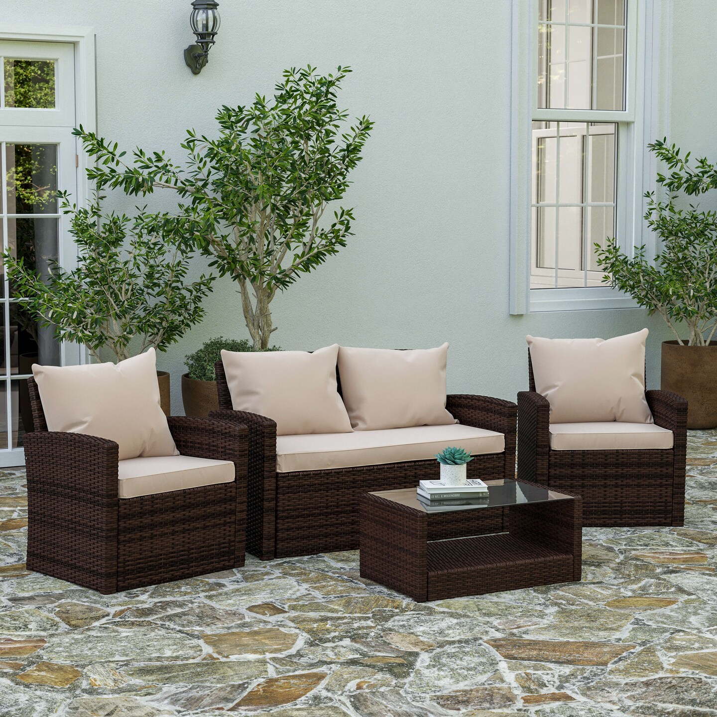 Merrick Lane Atlas 4 Piece Patio Set Contemporary Loveseat, 2 Chair and Coffee Table Set with Back Pillows and Seat Cushions
