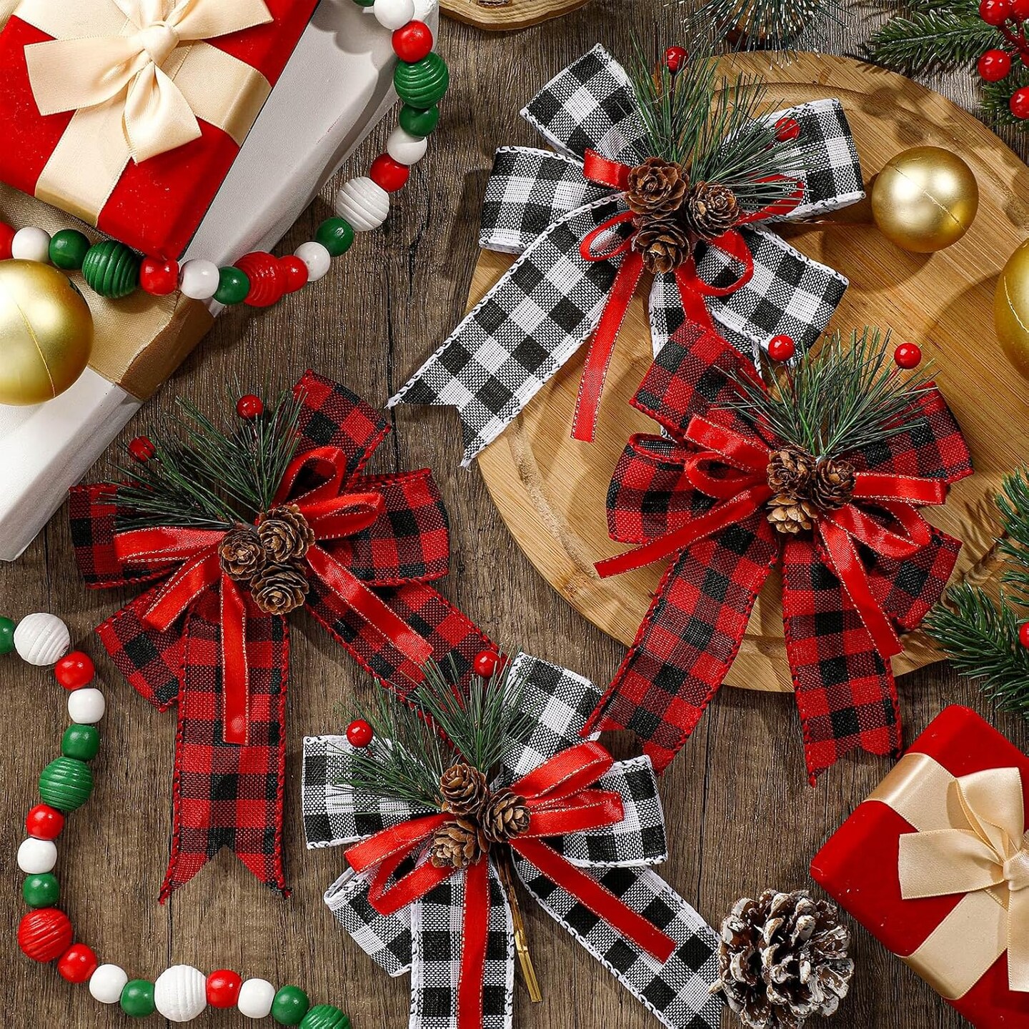 6 Pcs Christmas Bows Buffalo Plaid Bow Checkered Ribbon Bow with Pine Cone Christmas Tree Decoration Bows for Christmas Parties Christmas Trees Indoor Crafts(Black and White, Black and Red)
